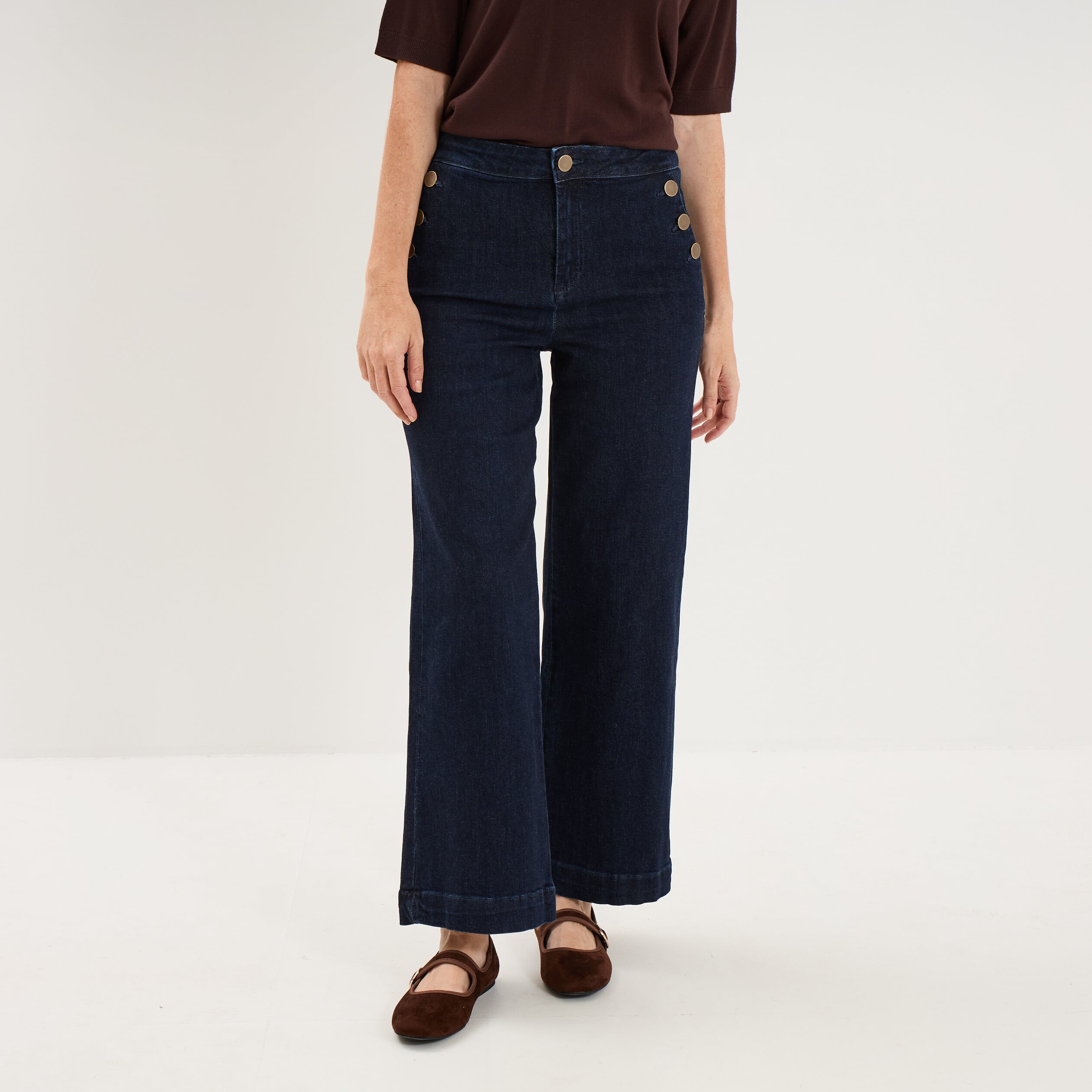 Jean large cropped &agrave; pont taille haute denim brut femme