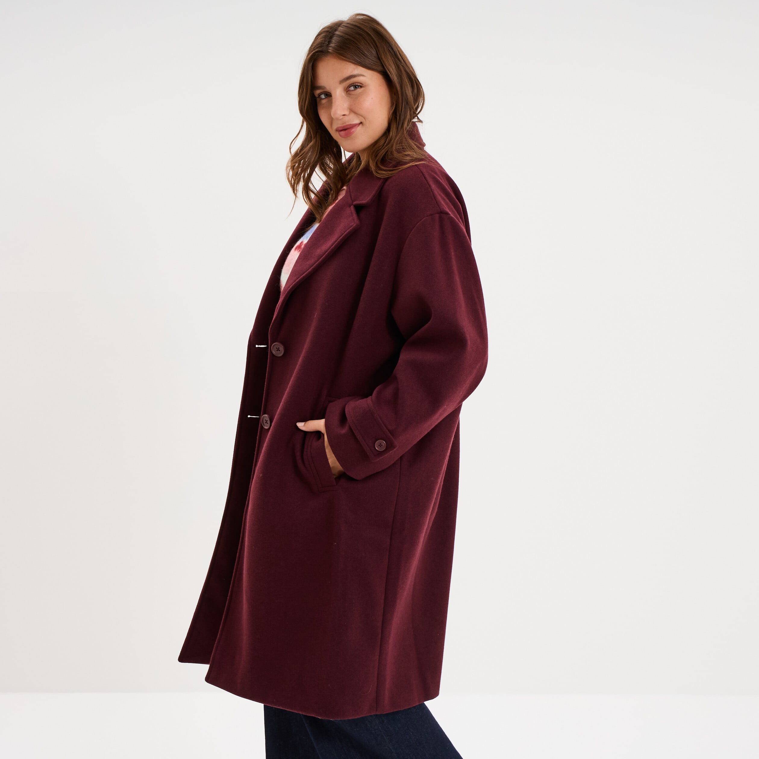 Manteau long col &agrave; revers boutonn&eacute; violet fonc&eacute; femme grande taille