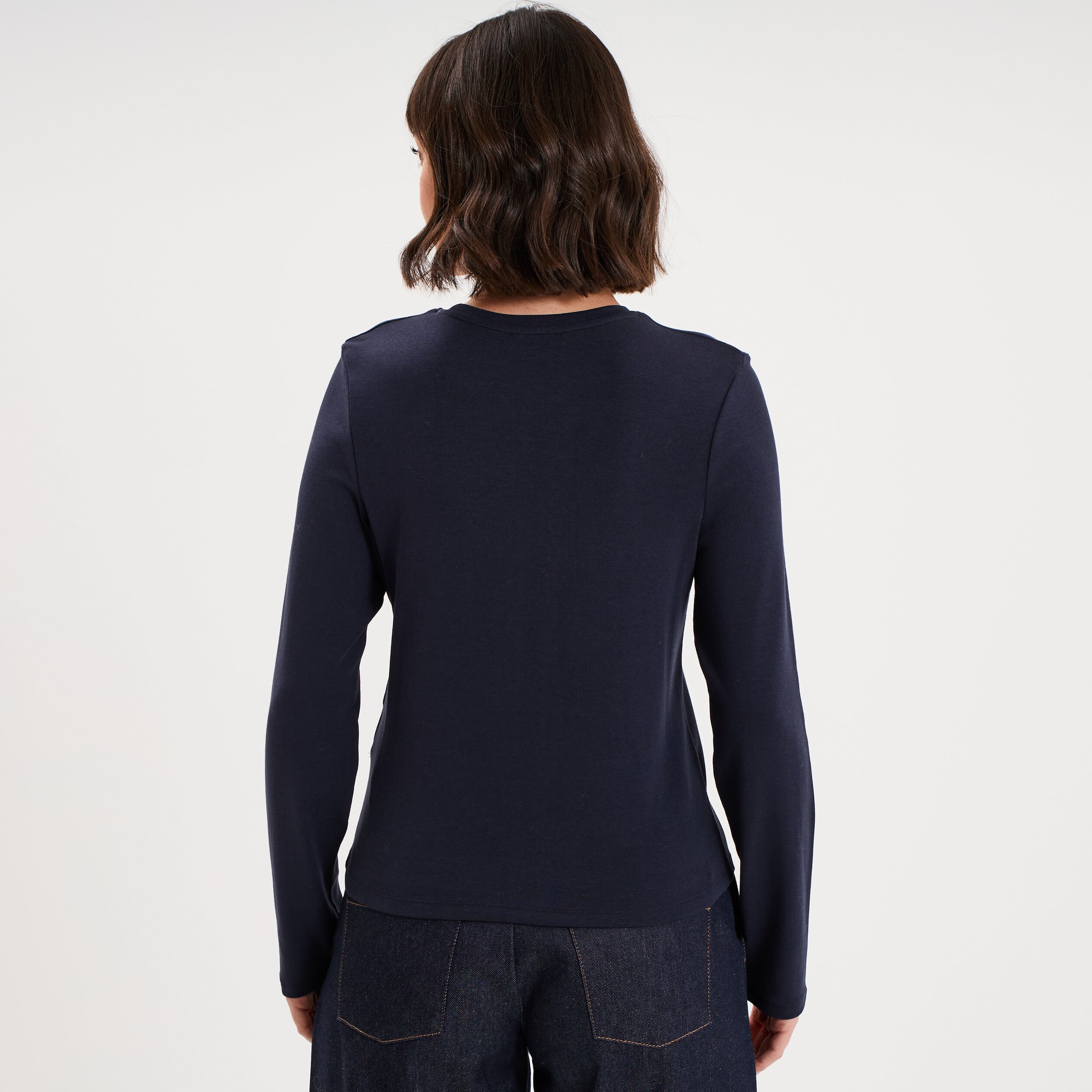 T-shirt manches longues col rond ajust&eacute; bleu fonc&eacute; femme