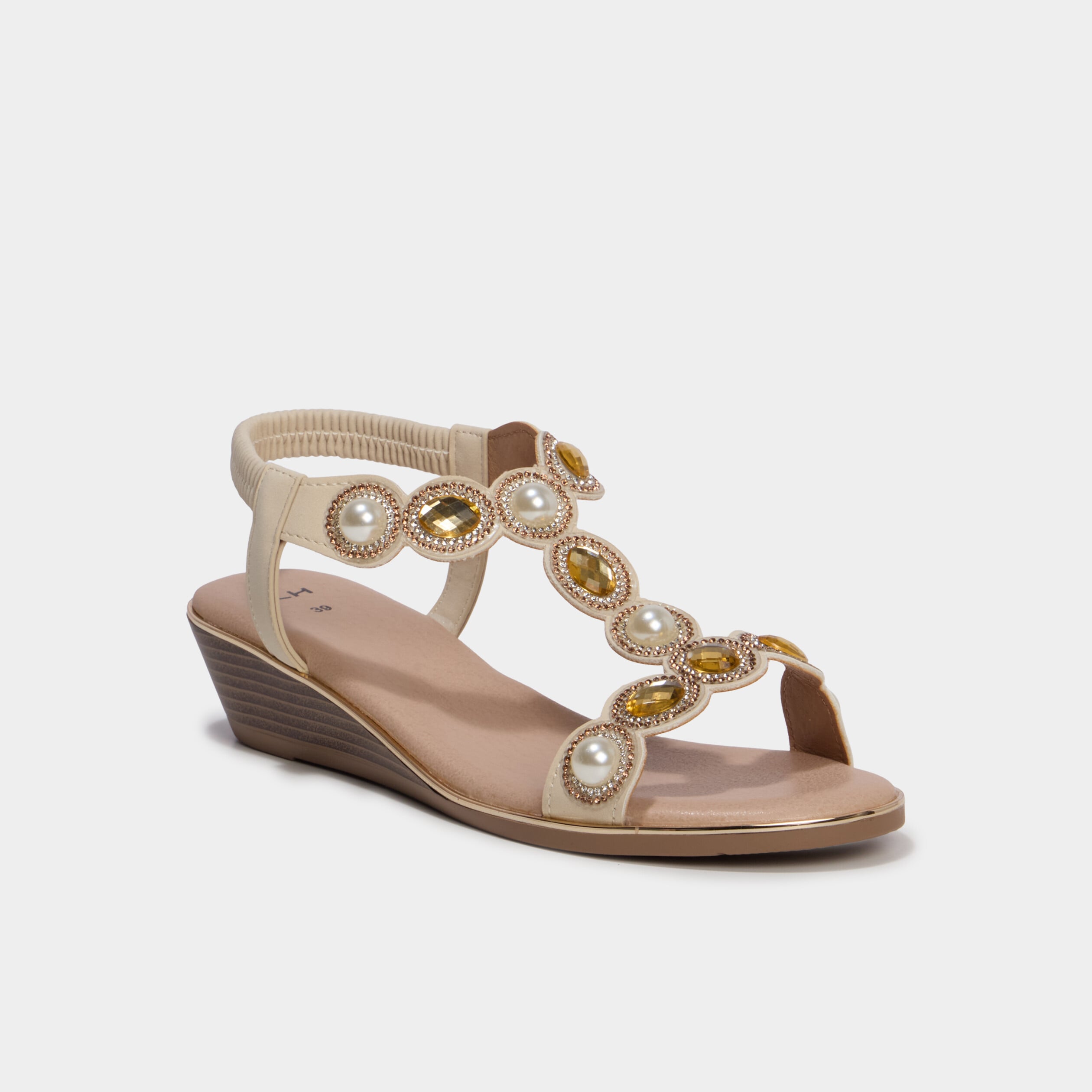 Sandales compens&eacute;es d&eacute;tails bijoux blanc femme