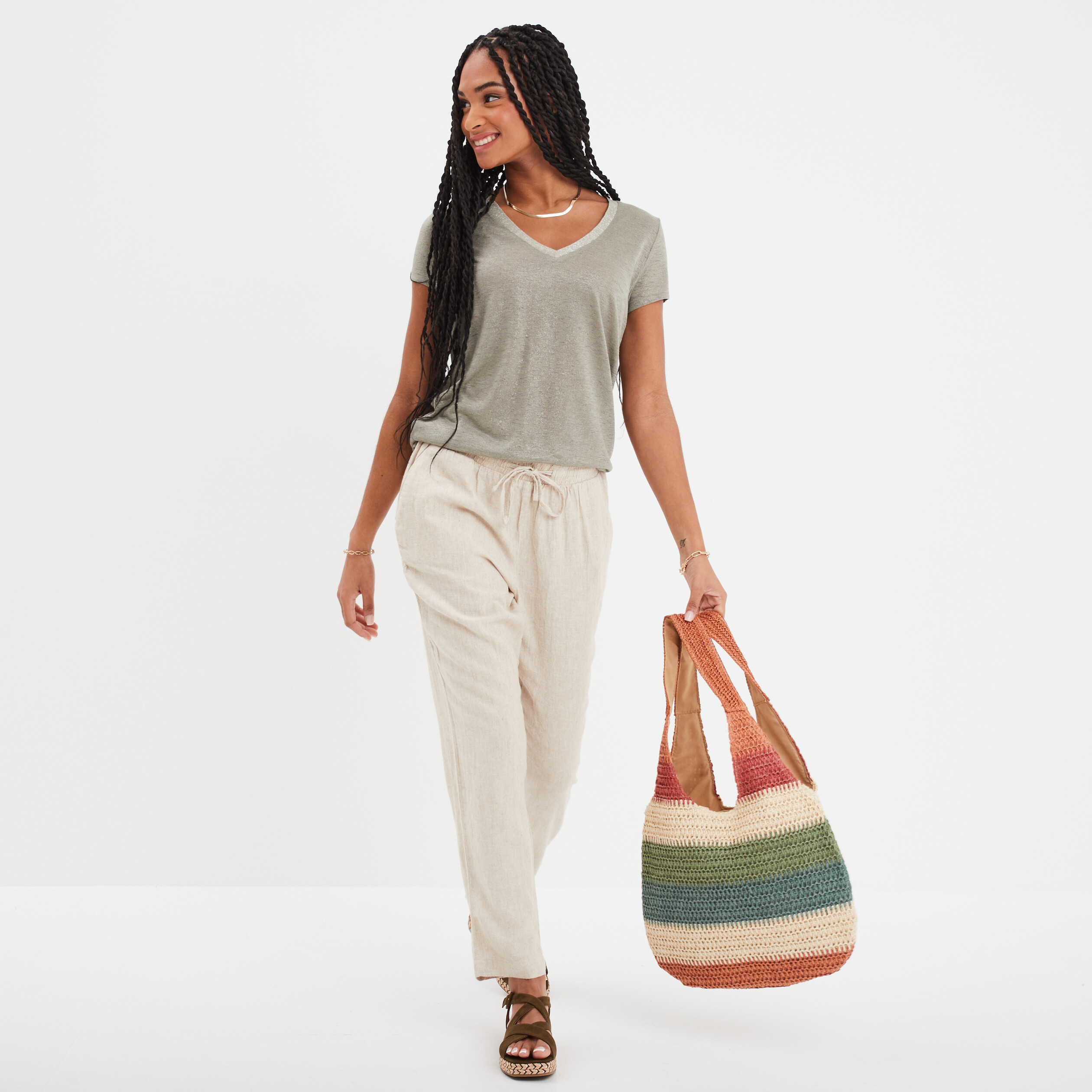 pantalon droit 78eme lin melange beige femme Pantalon droit 7/8ème lin mélangé beige femme