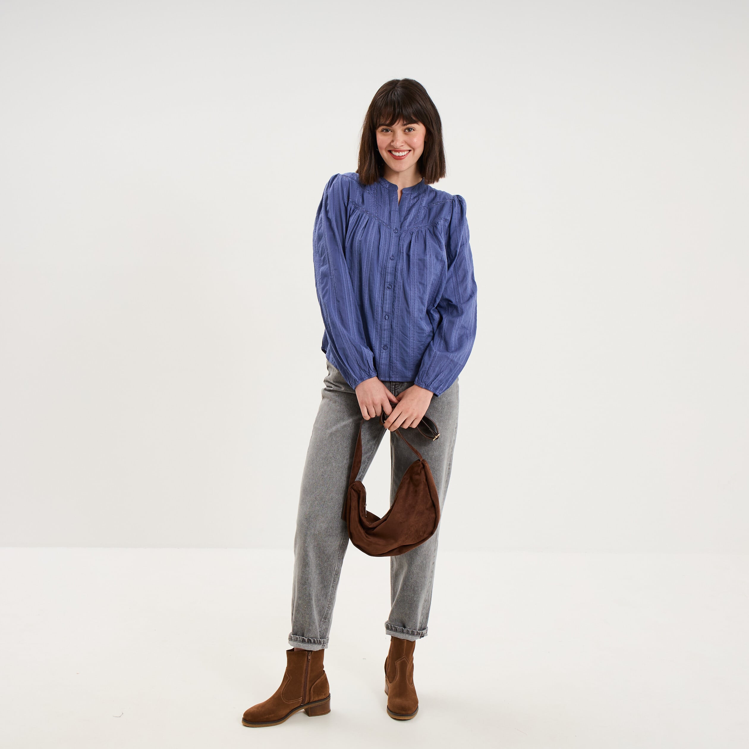 Blouse droite col tunisien coton bleu gris femme