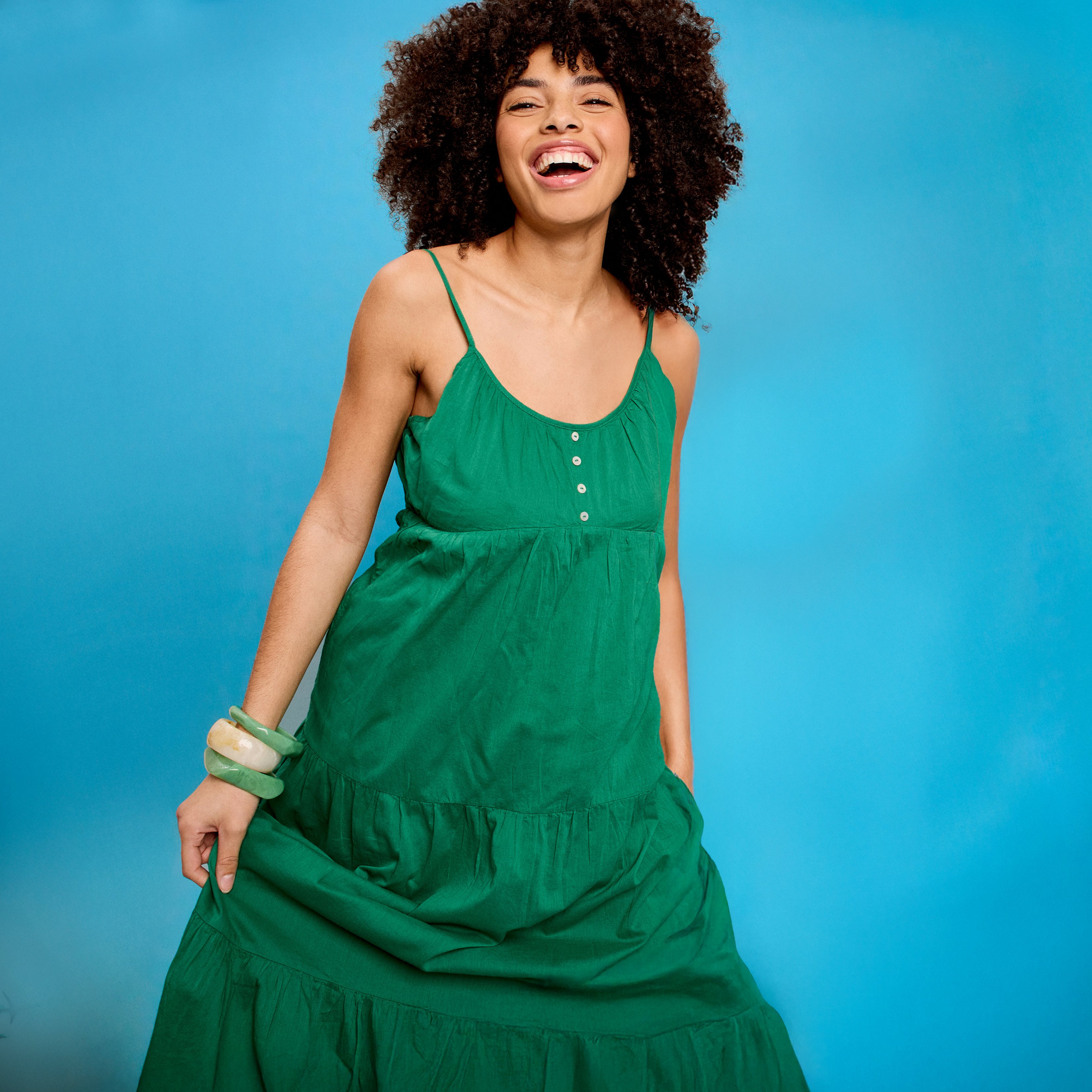 Robe longue &agrave; volants fines bretelles vert canard femme