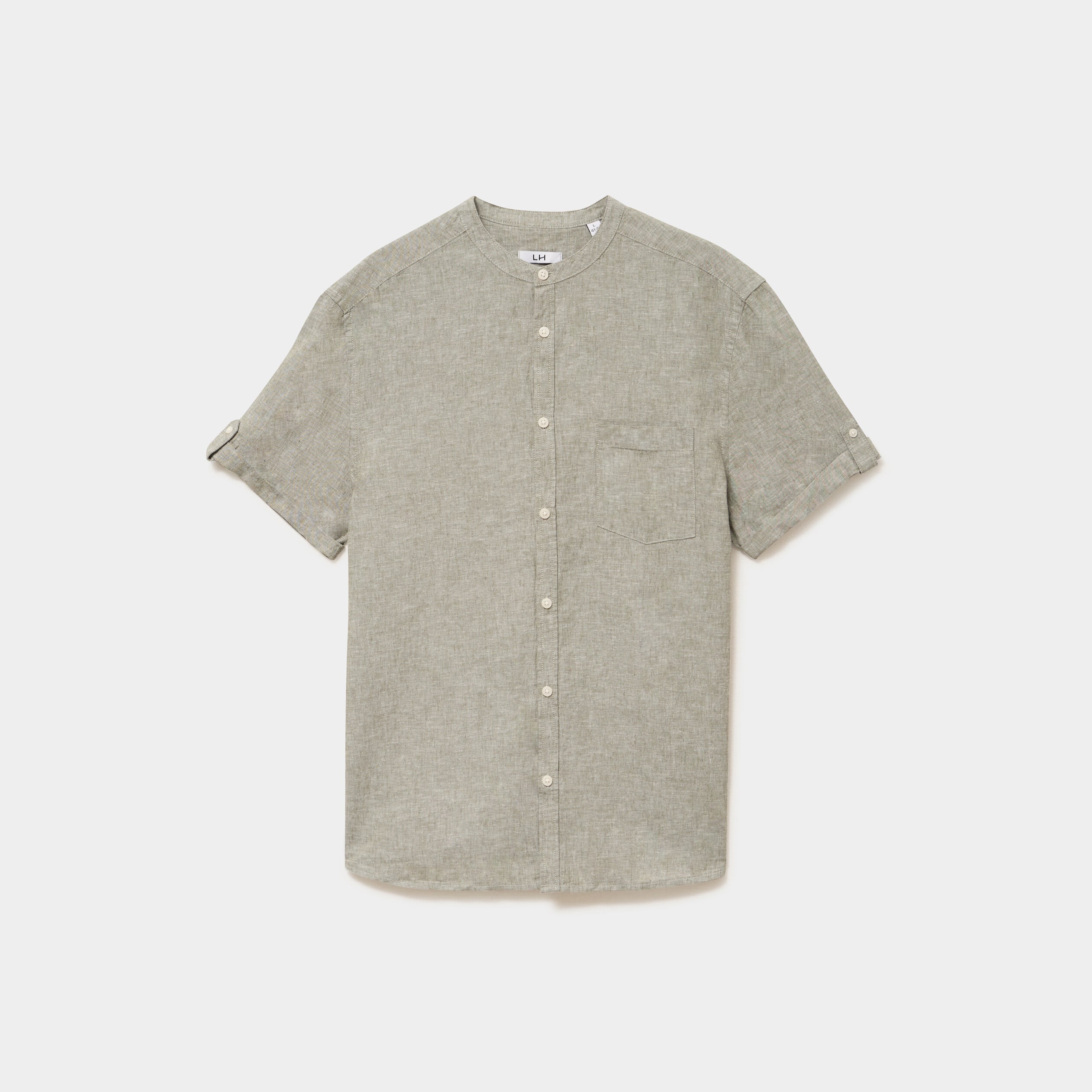 Chemise col mao lin m&eacute;lang&eacute; vert kaki homme