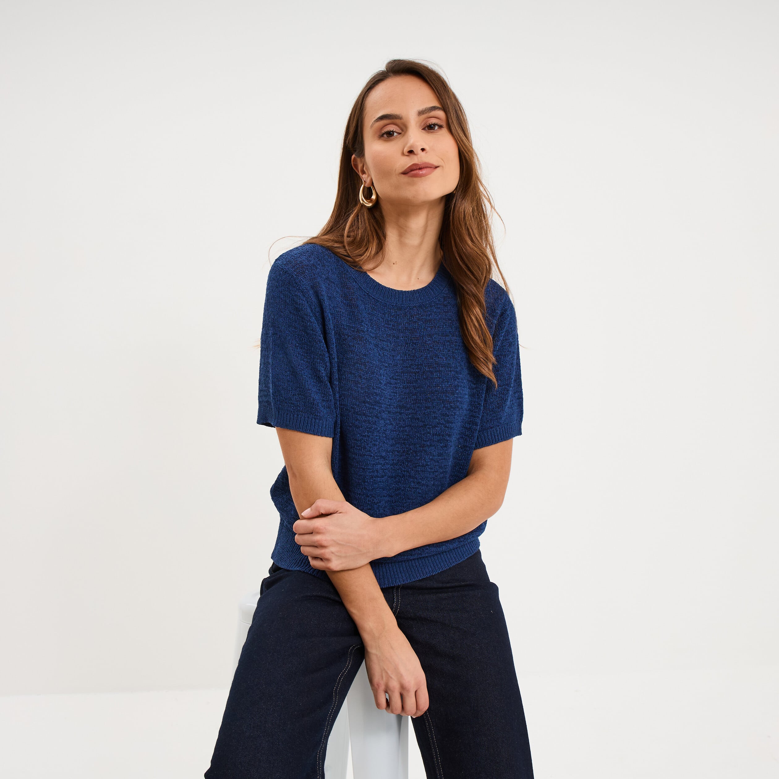Pull manches courtes col rond bleu marine femme