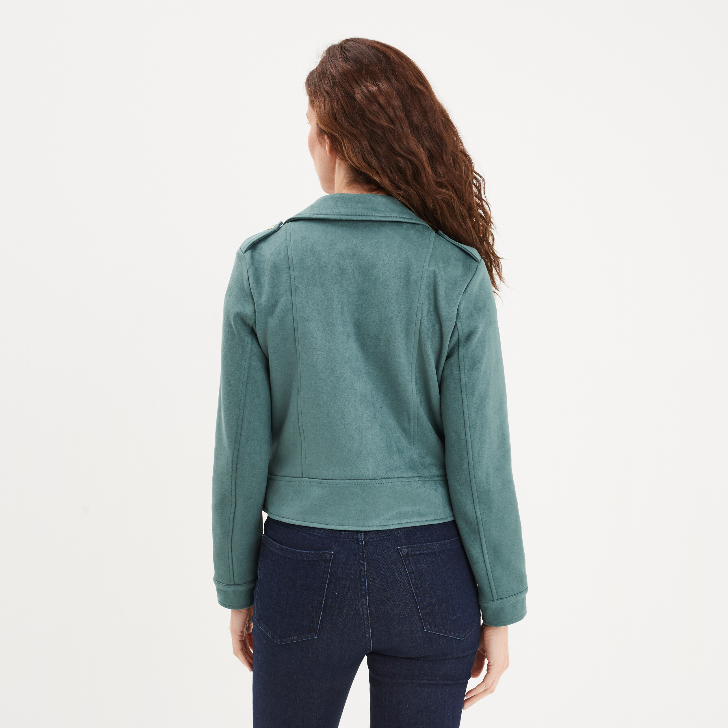 veste courte esprit biker effet suedine vert fonce femme Veste courte esprit biker effet suédine vert foncé femme