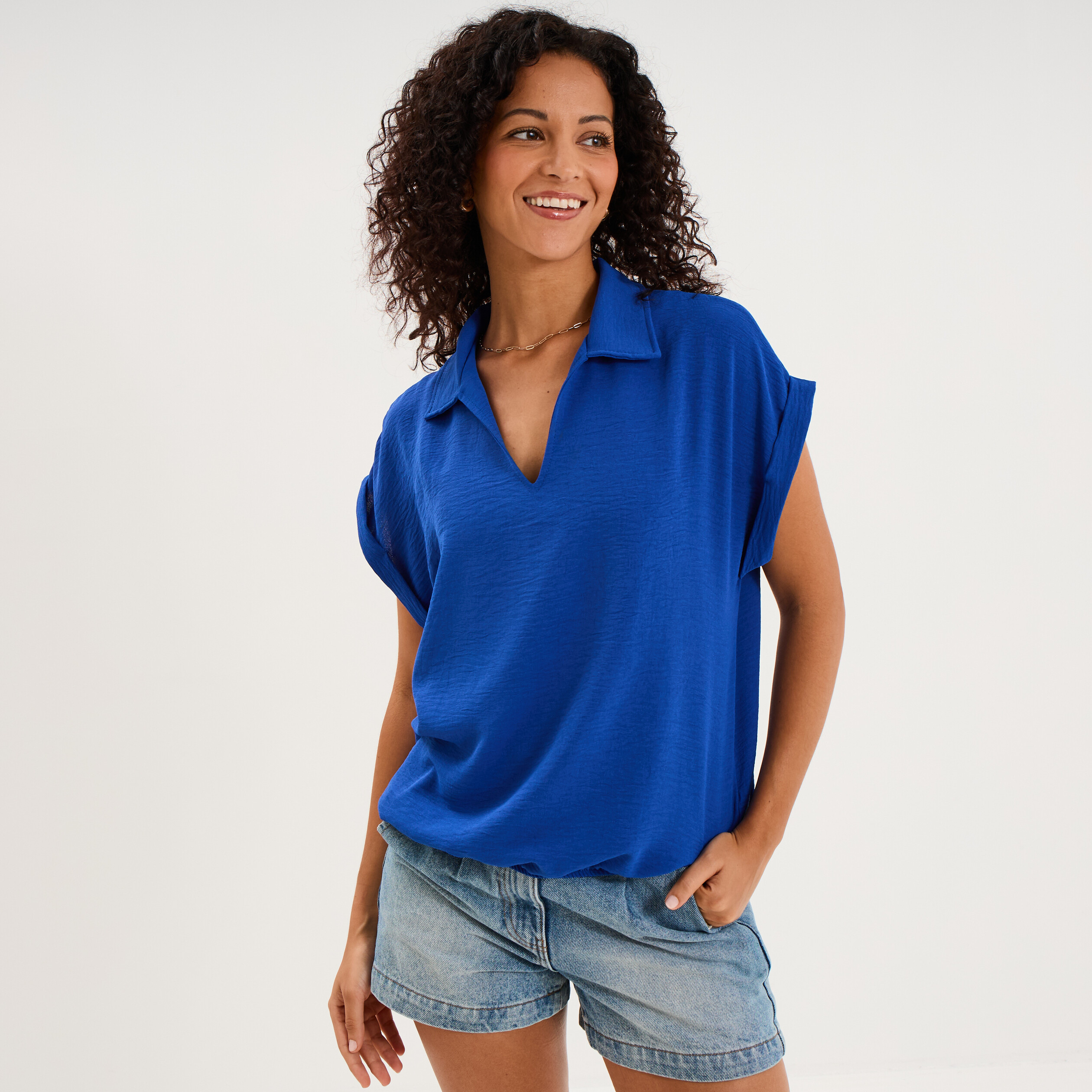 Blouse manches courtes effet boule bleu electrique femme