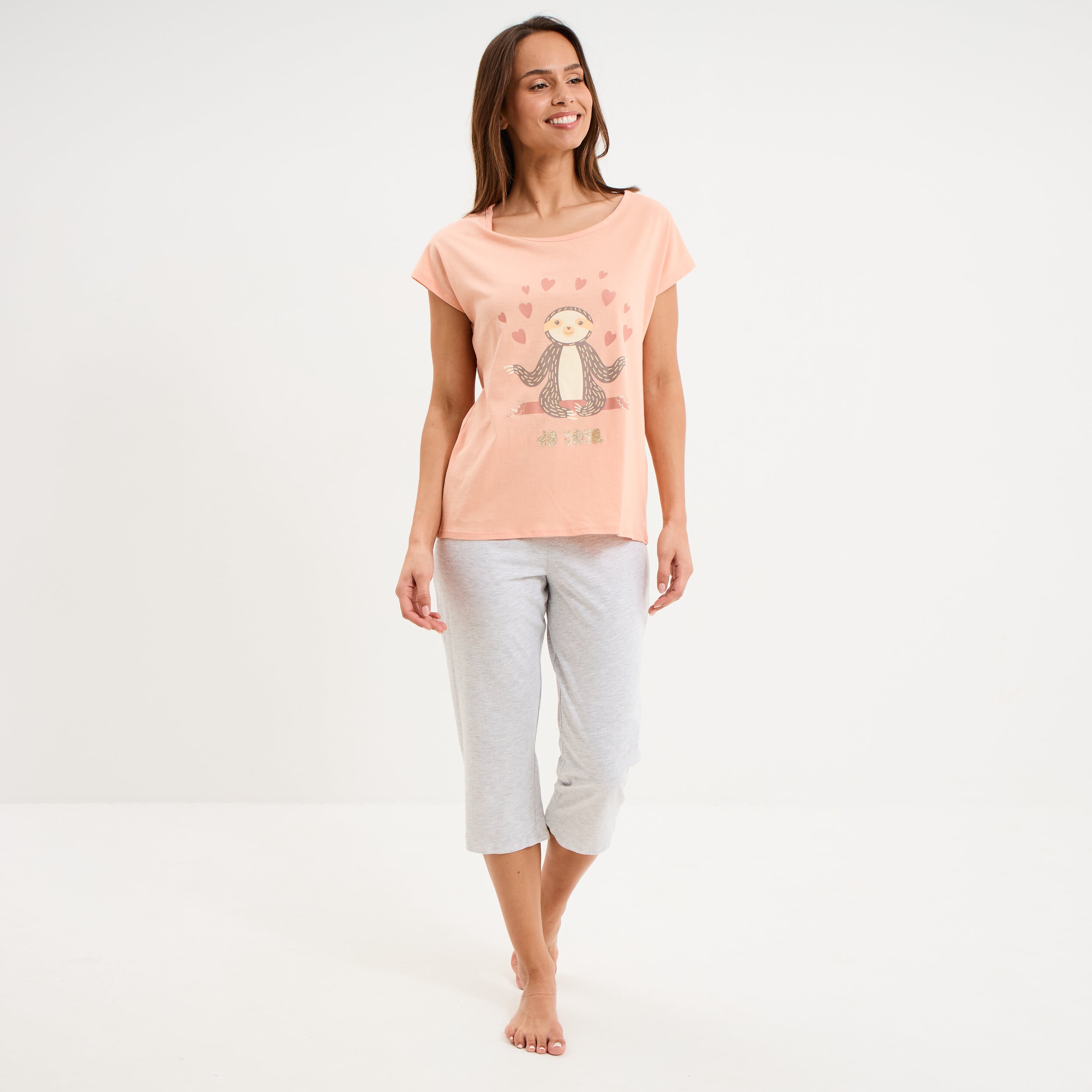 Ensemble pyjama t-shirt et corsaire rose clair femme