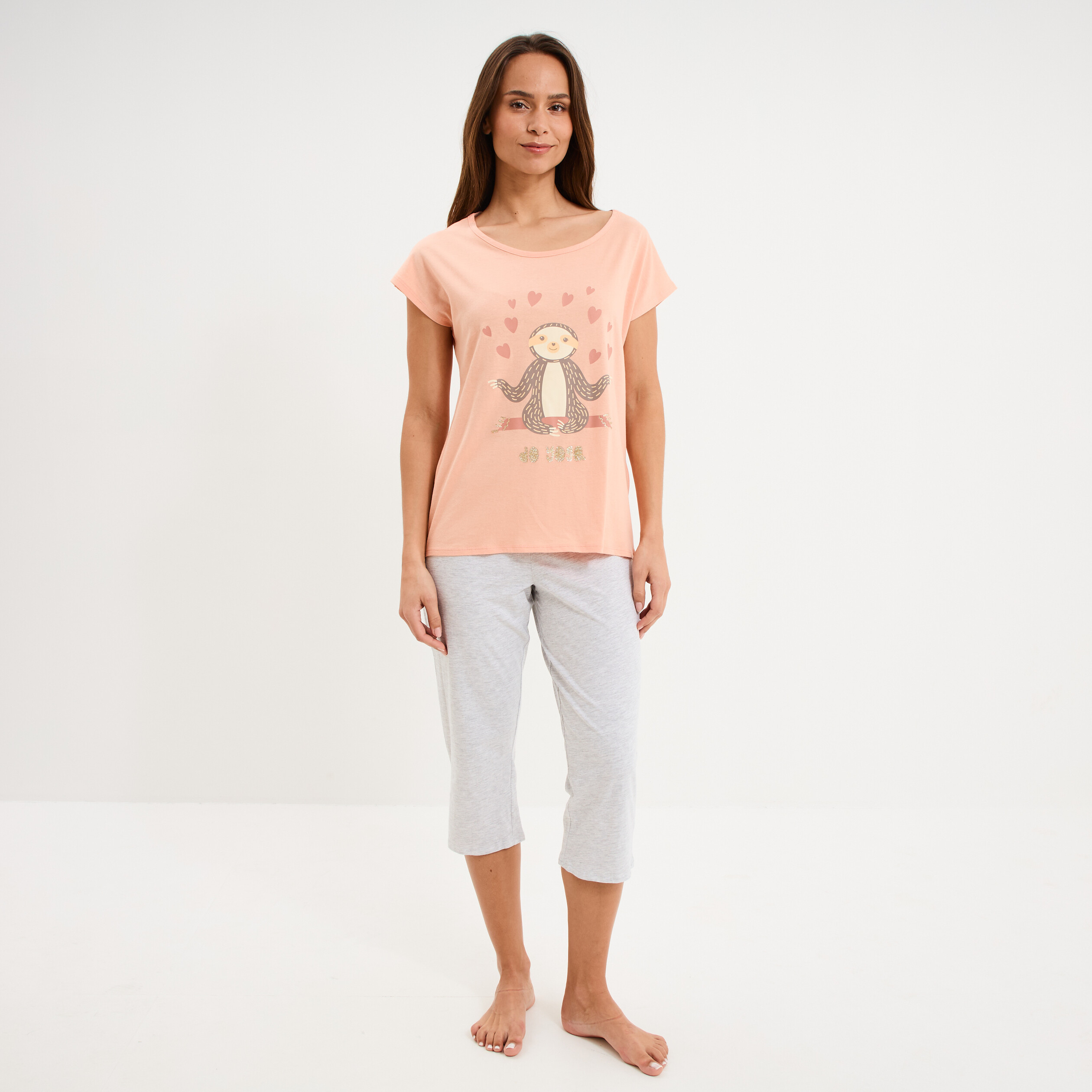 Ensemble pyjama t-shirt et corsaire rose clair femme