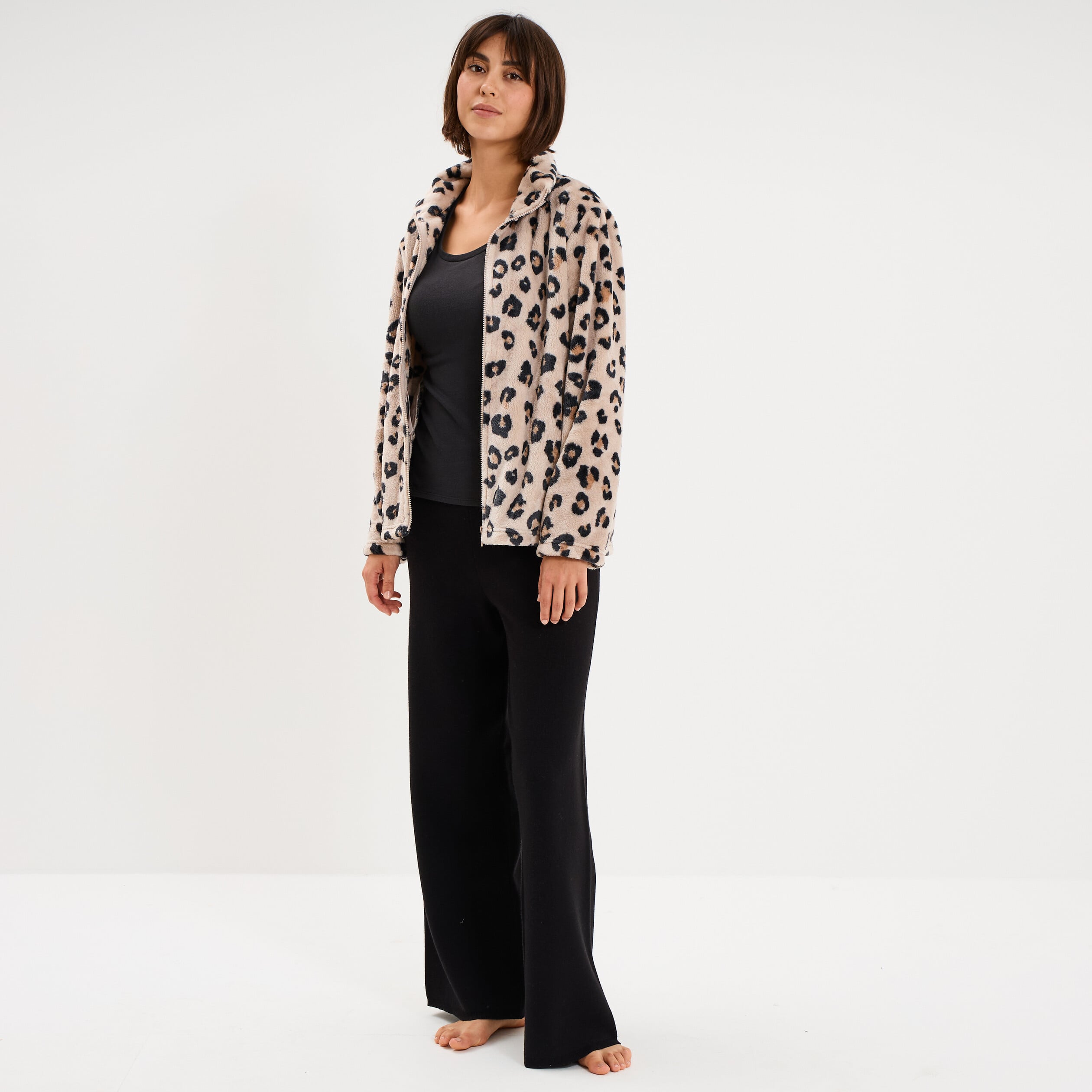 Veste de pyjama effet polaire zipp&eacute;e beige femme