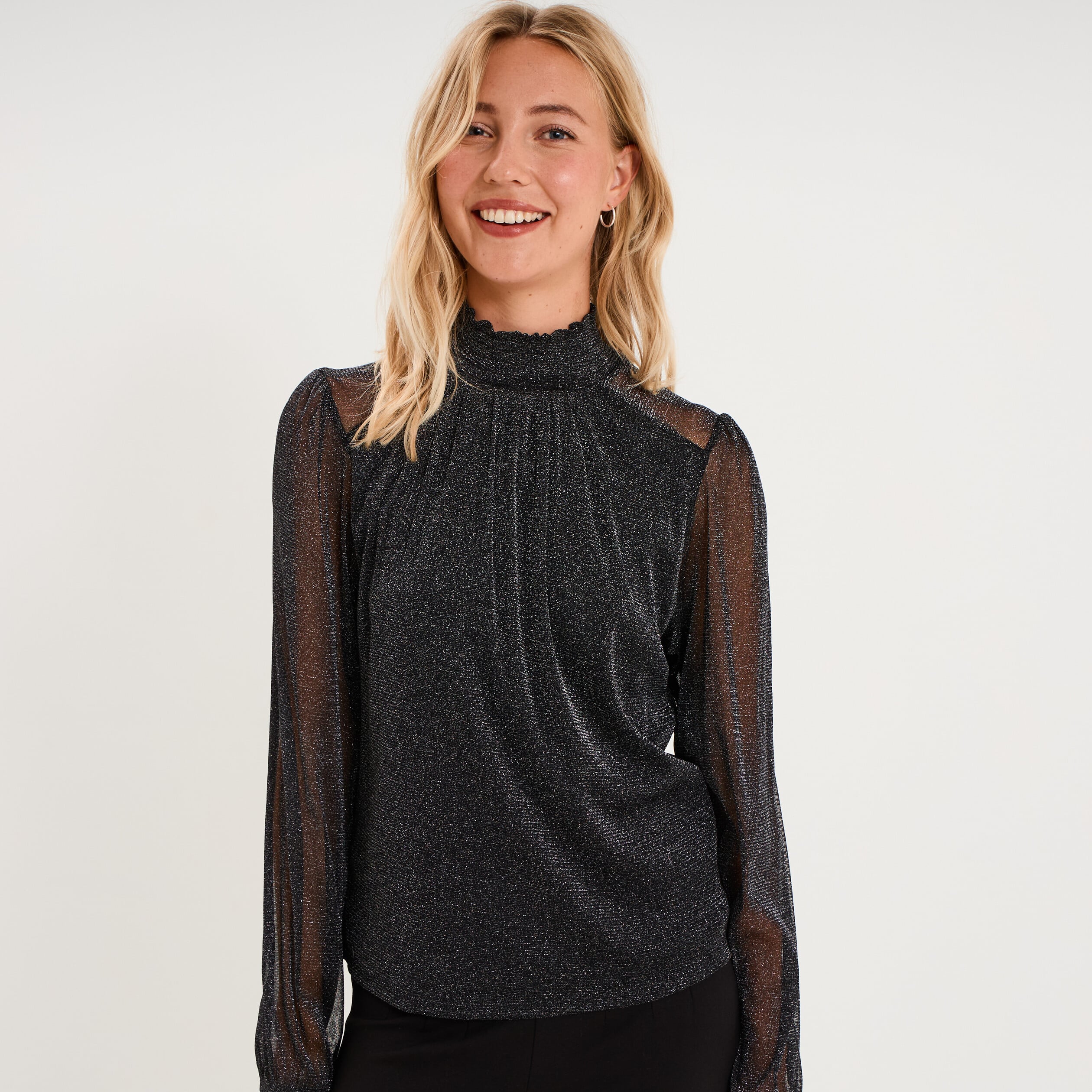 T-shirt fil m&eacute;tallis&eacute; col montant noir femme