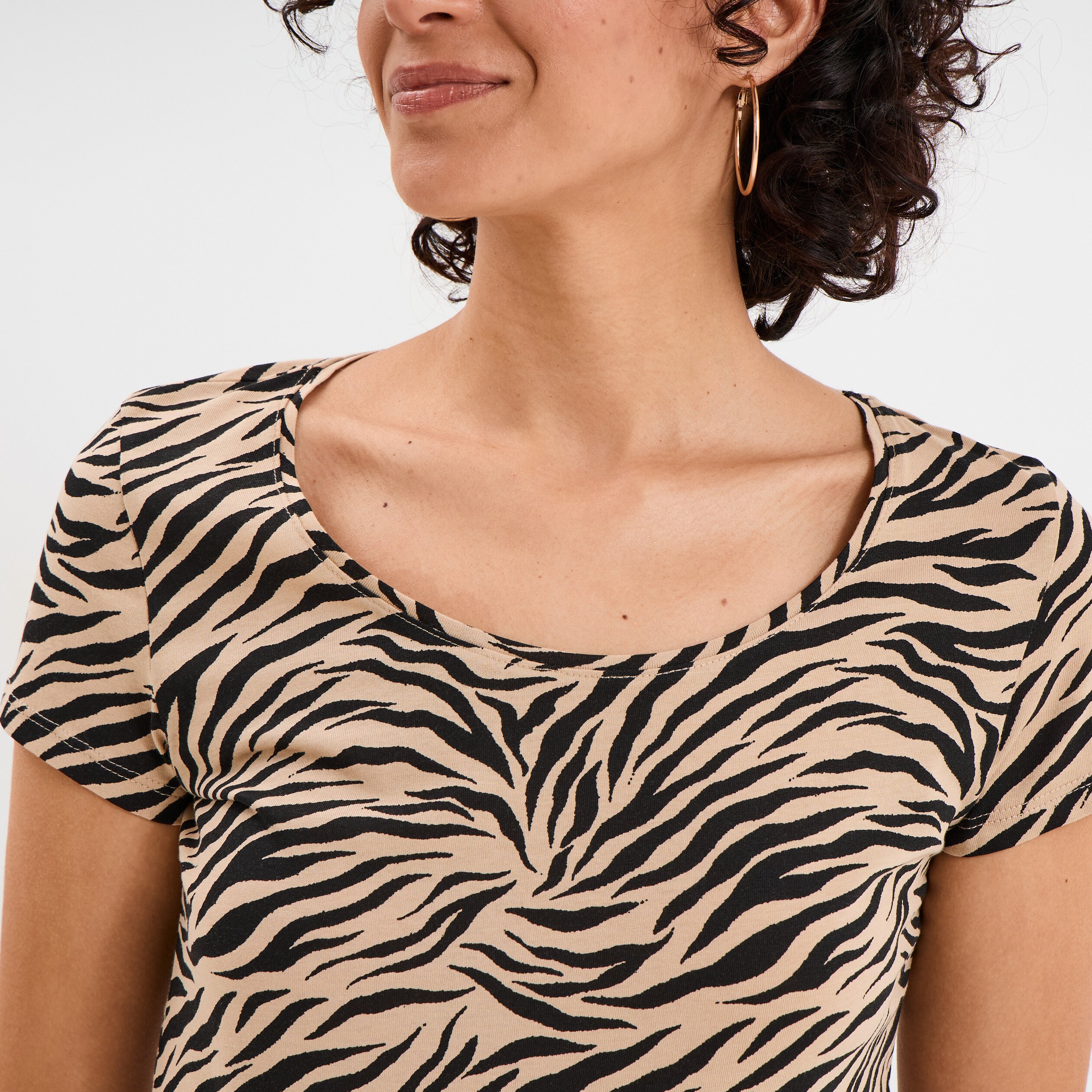 t shirt coton imprime coupe ajustee sable femme T-shirt coton imprimé coupe ajustée sable femme