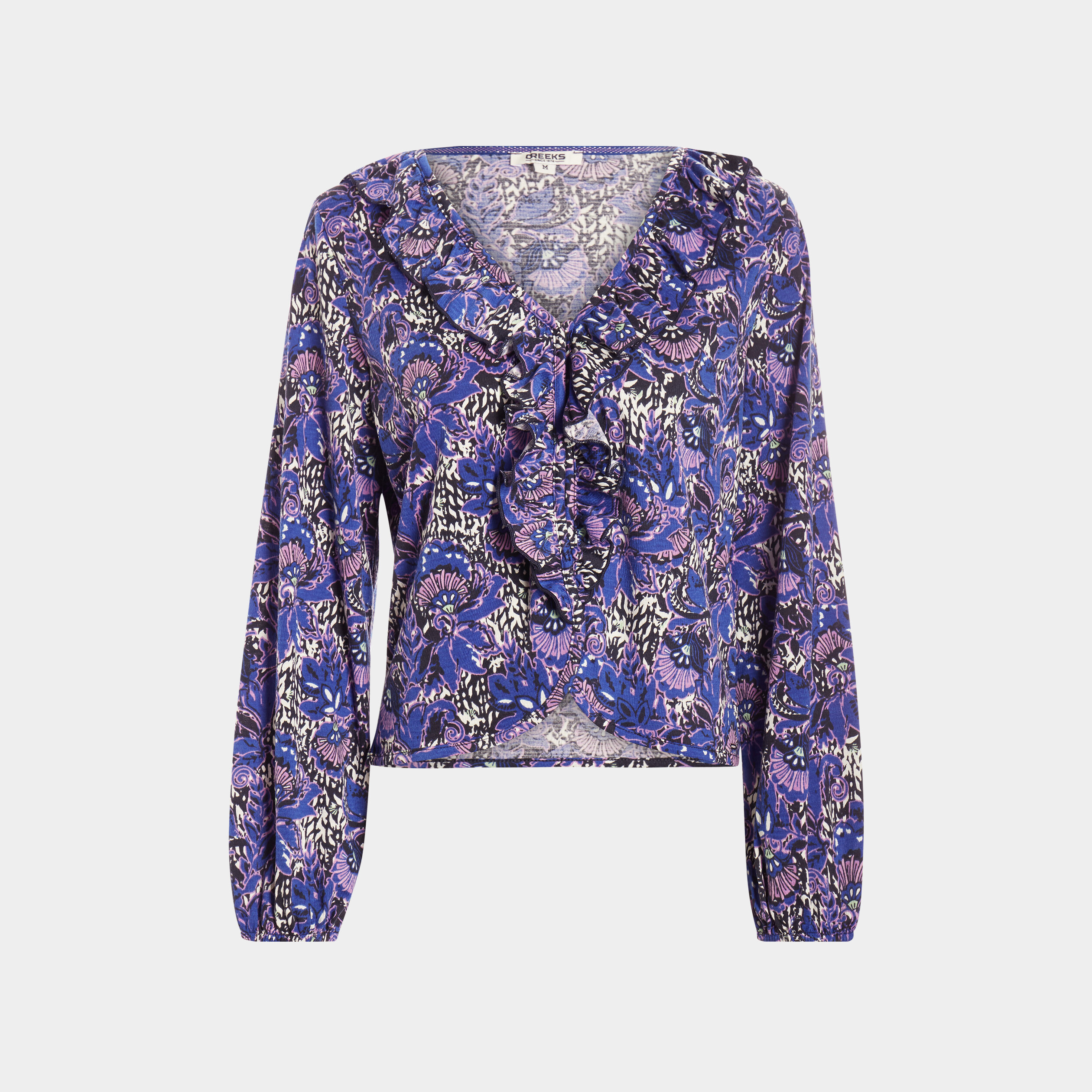 T-shirt manches longues à volants bleu marine femme