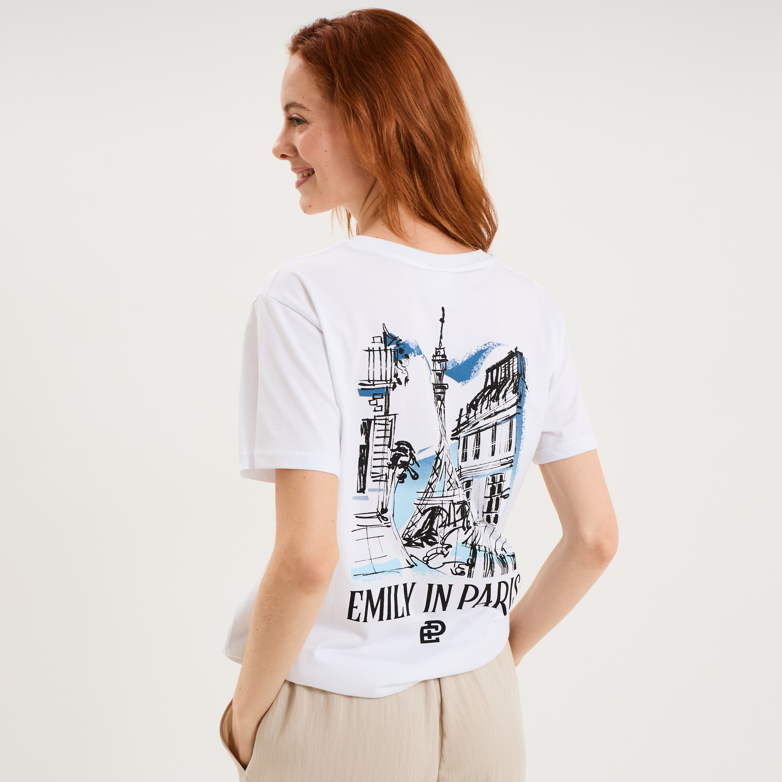 T-shirt col rond coton Emily in Paris blanc femme