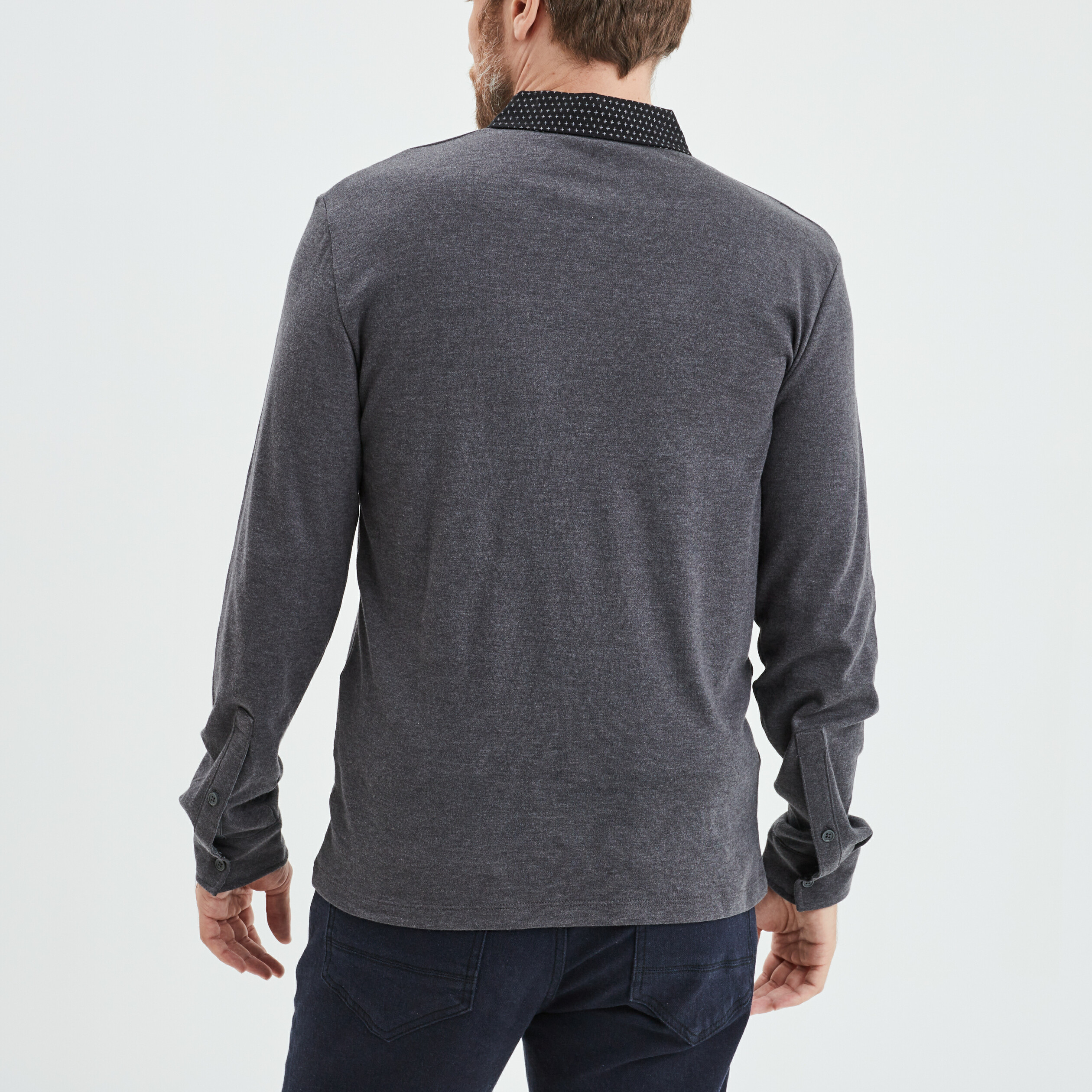 Polo manches longues col boutonné coton gris homme