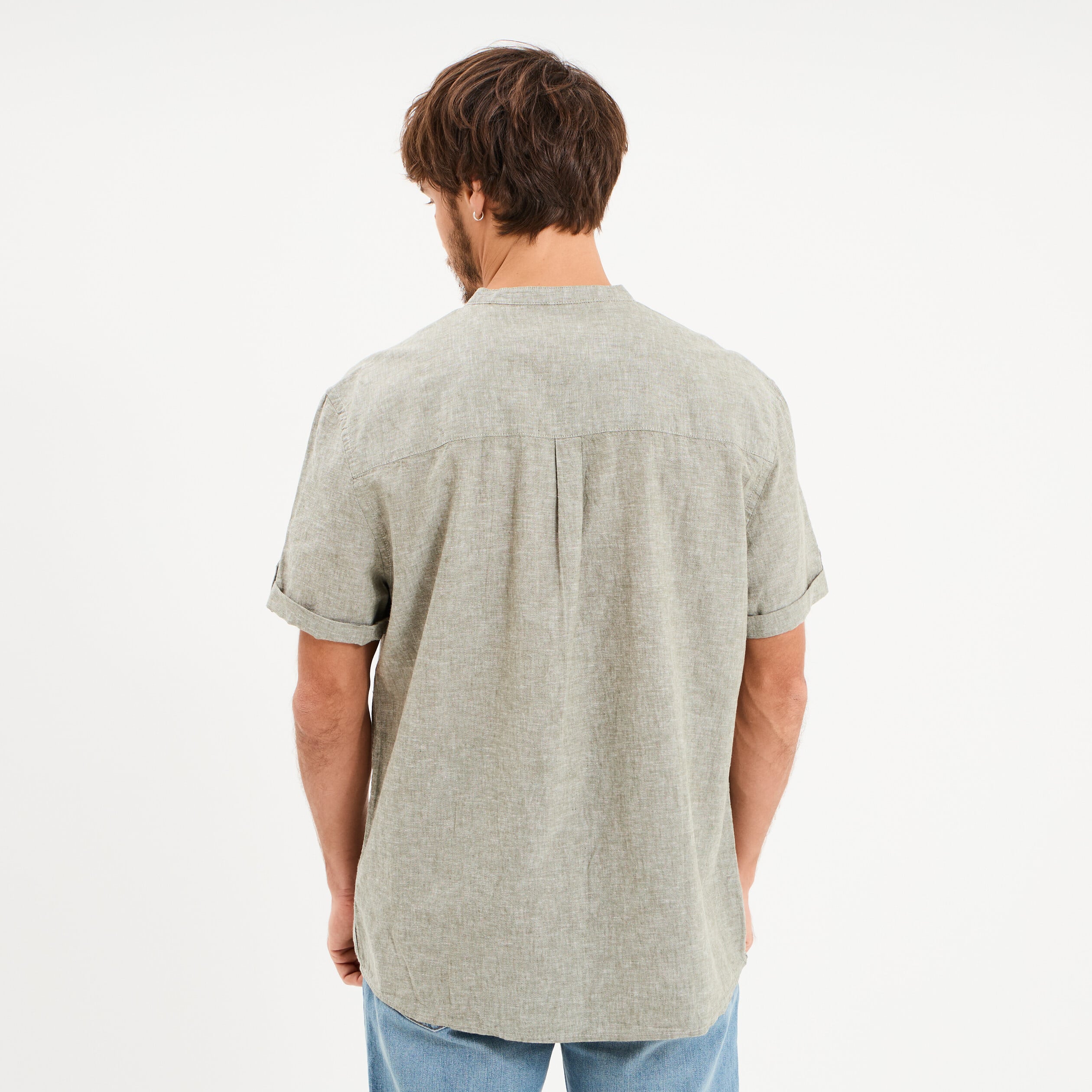 Chemise col mao lin m&eacute;lang&eacute; vert kaki homme