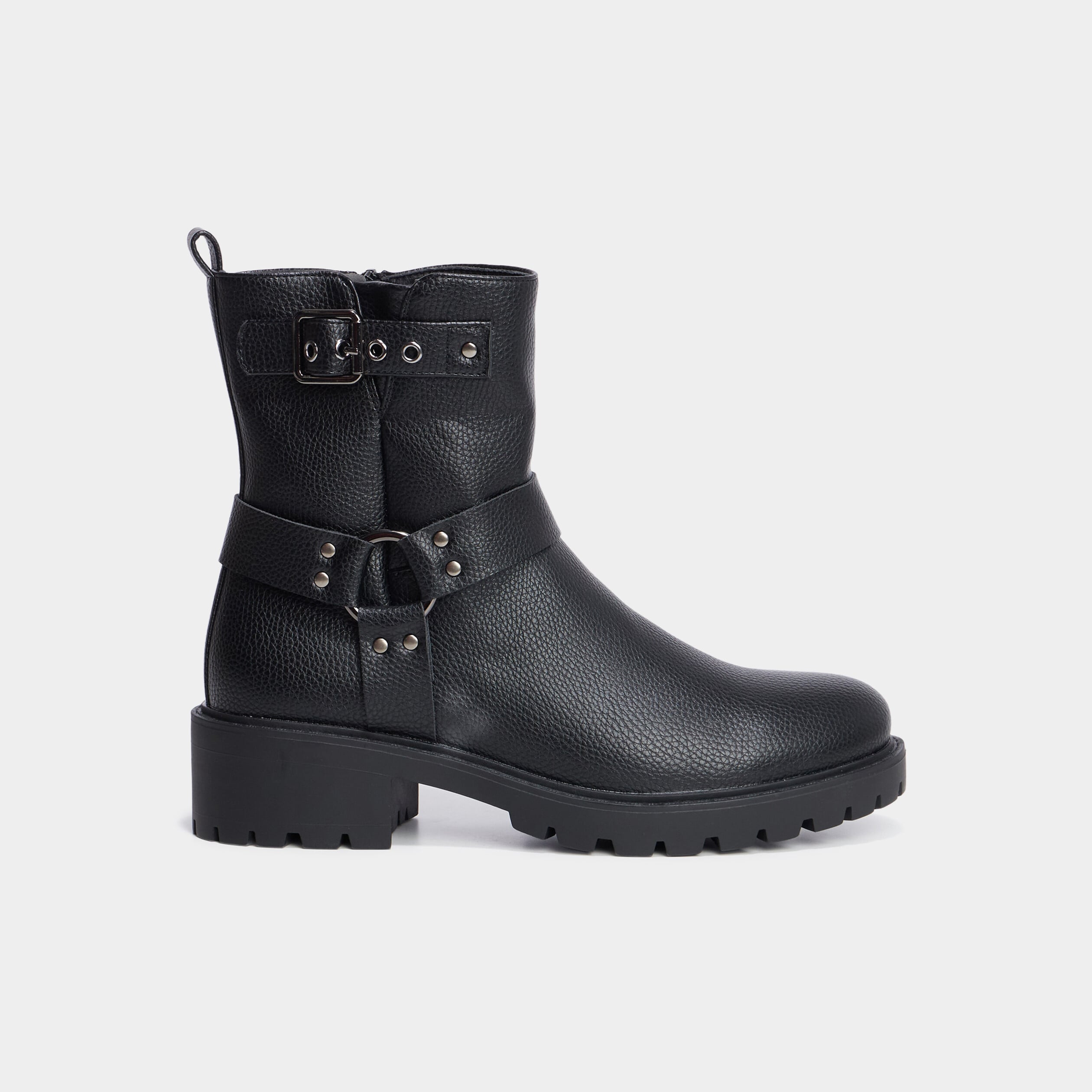 Bottines motardes crant&eacute;es avec brides noir femme