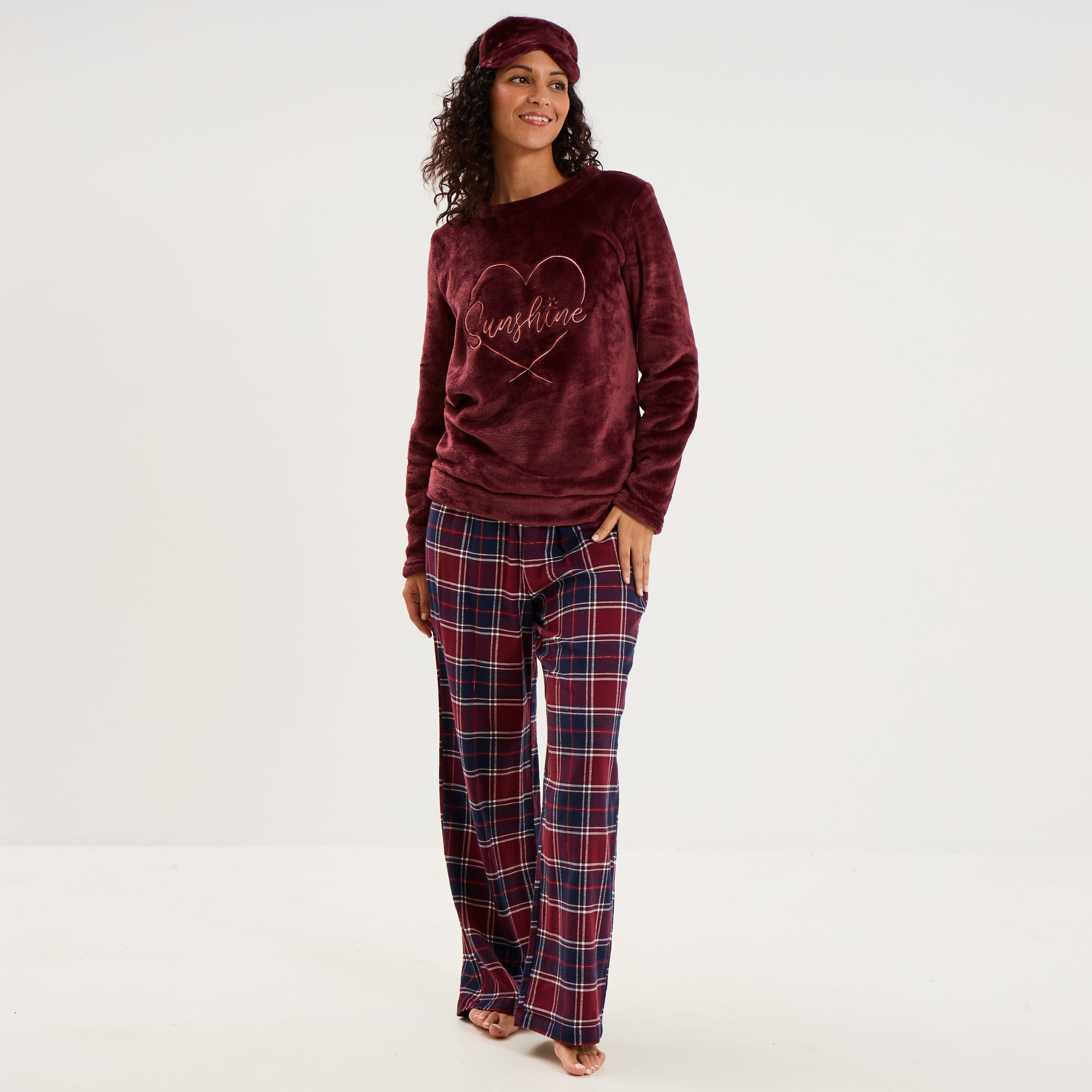 Ensemble pyjama effet polaire 3 pi&egrave;ces bordeaux femme