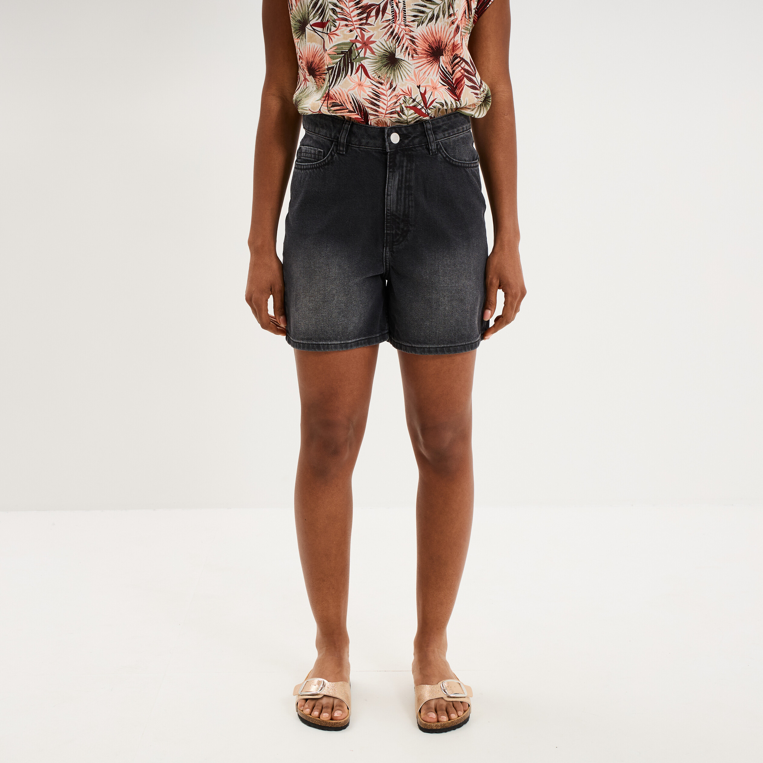Short mom en jean 5 poches denim noir femme