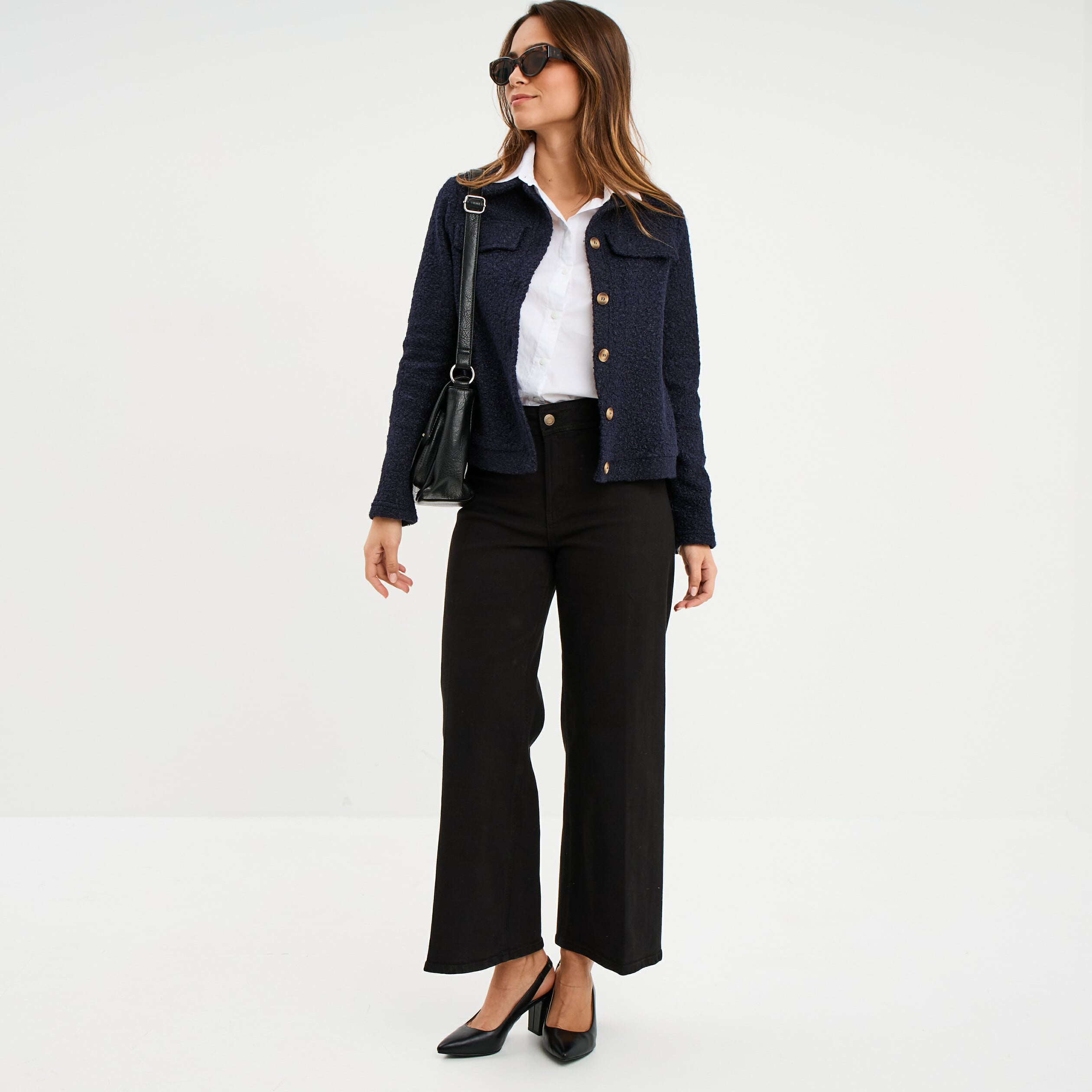 Veste bouclette boutonn&eacute;e bleu marine femme