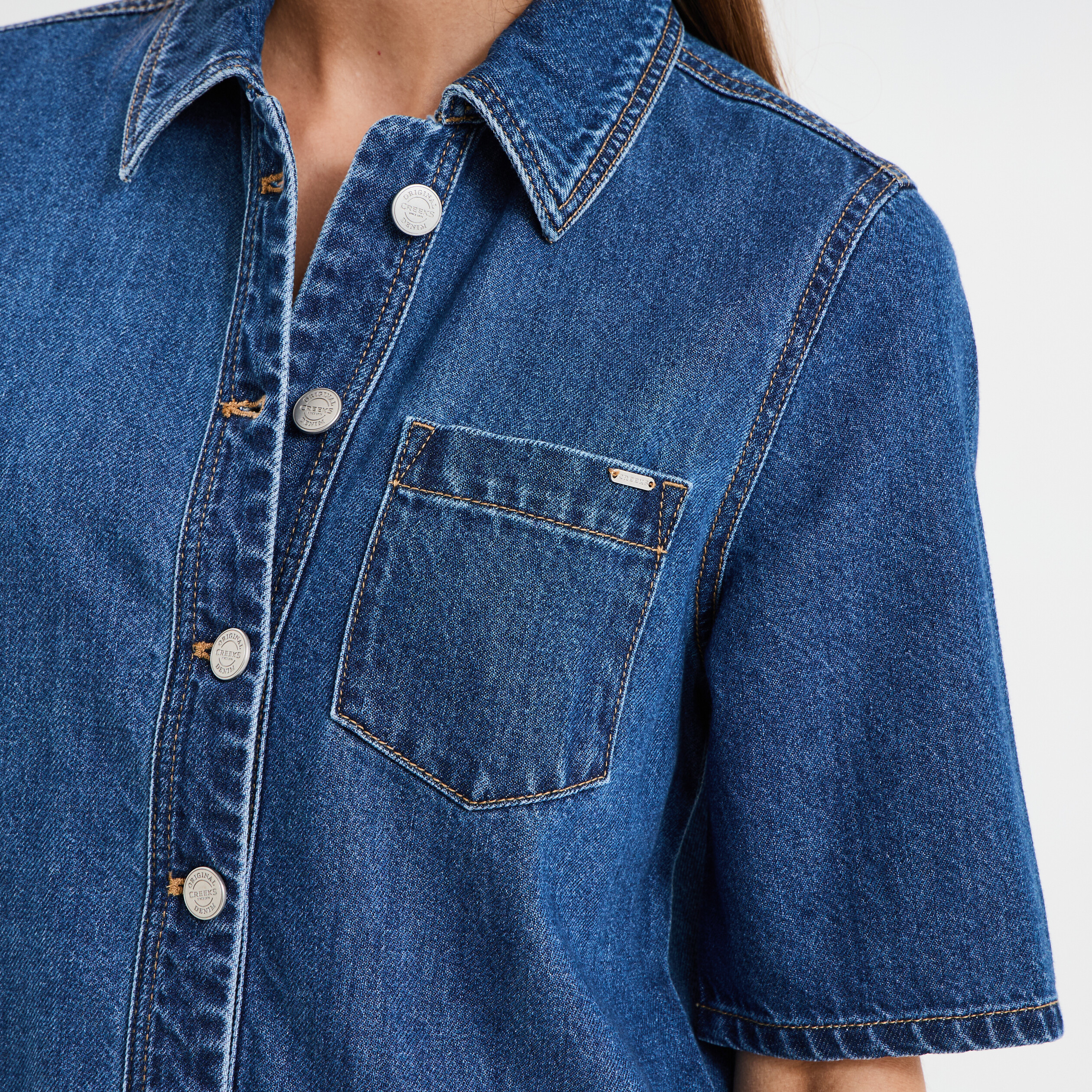 Robe chemise manches courtes en jean denim stone femme