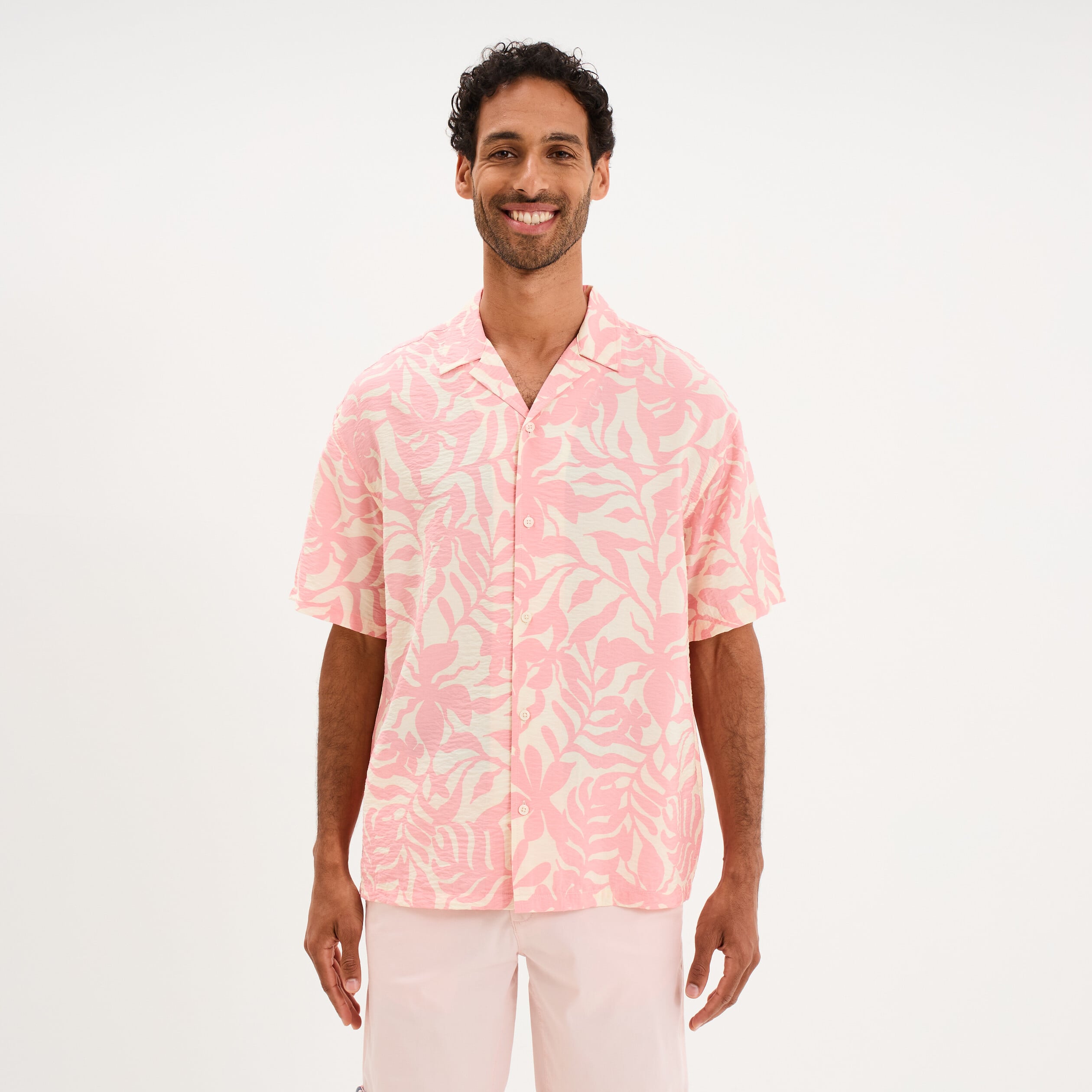 Chemise l&eacute;g&egrave;re textur&eacute;e manches courtes rose homme