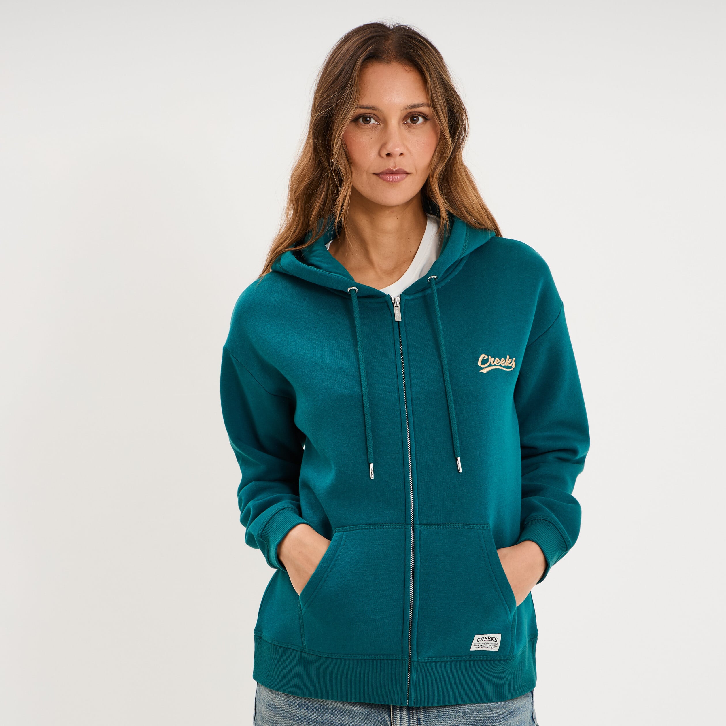 Sweat zipp&eacute; &agrave; capuche vert fonc&eacute; femme