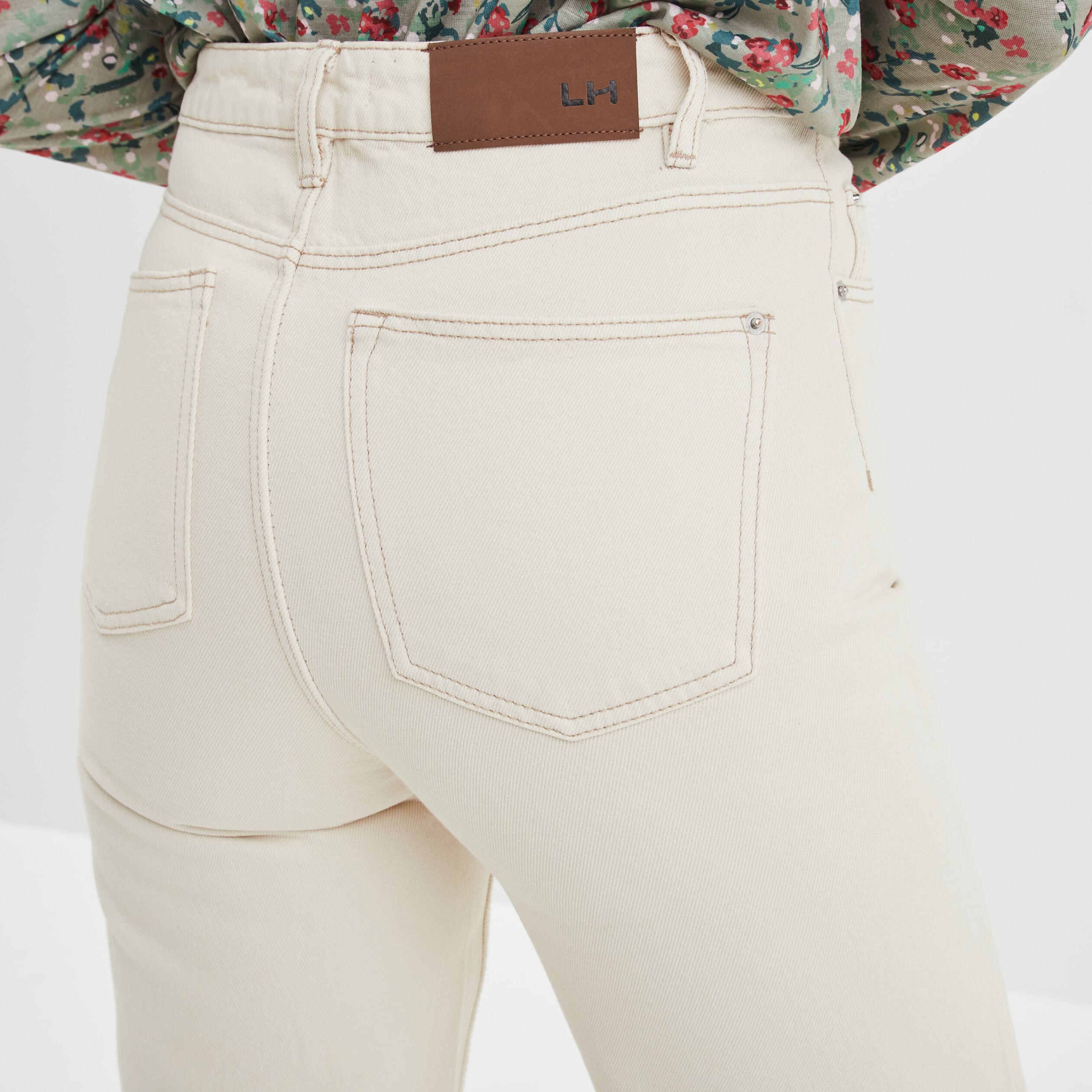 Jeans wide leg taille haute coton ecru femme