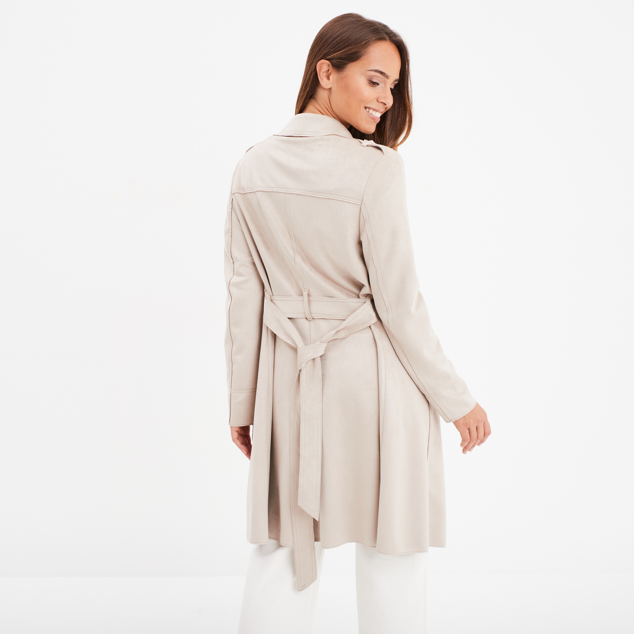 Trench mi long effet suedine ceinture beige femme La Halle