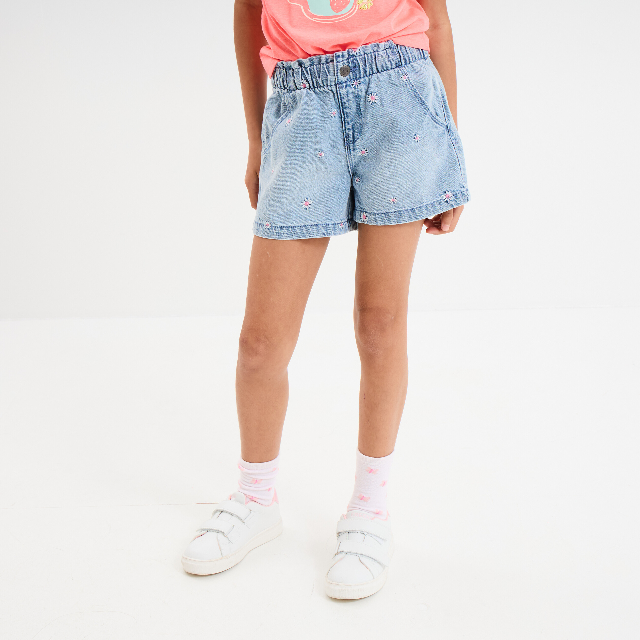 Short en jean brodé coton denim triple stone fille