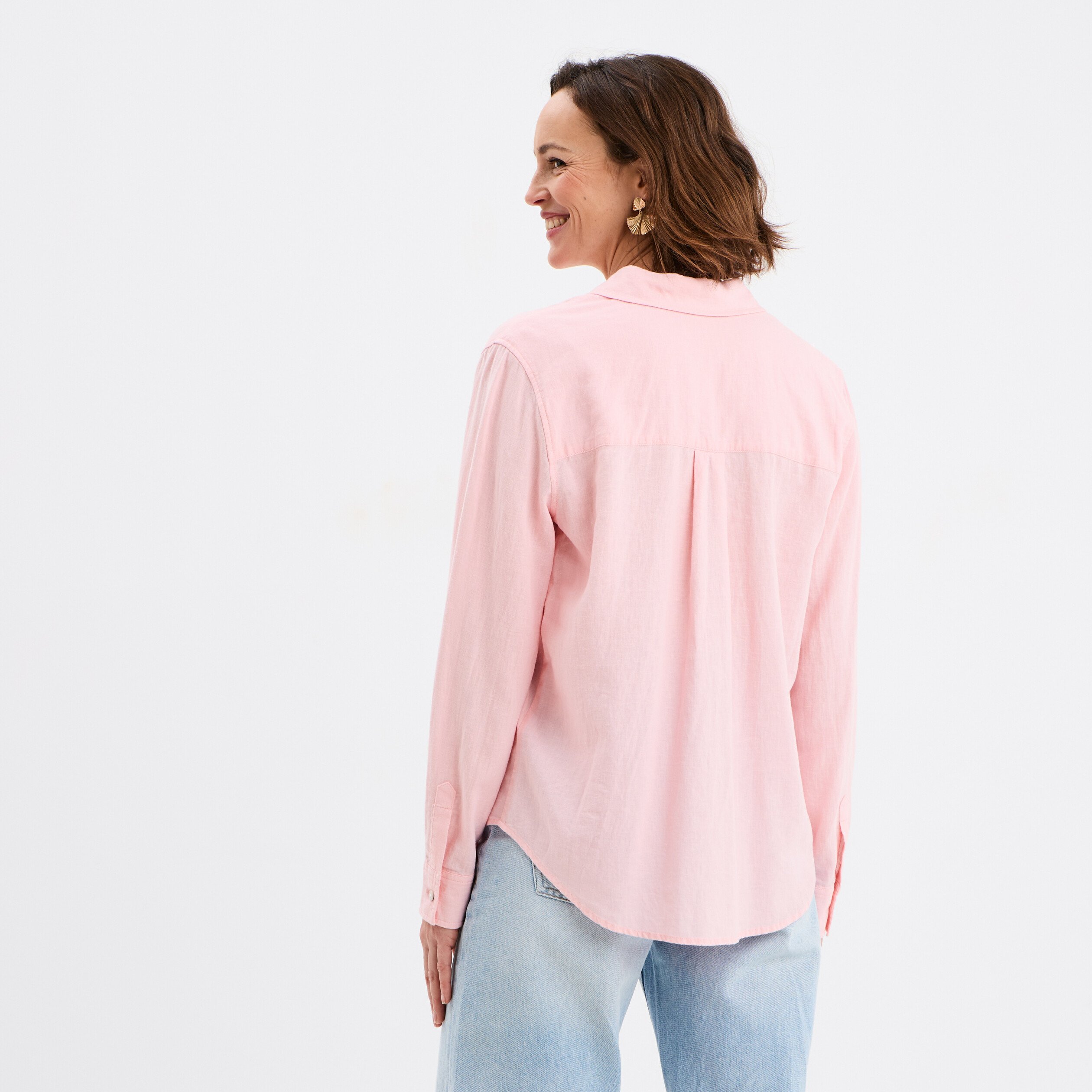 chemise lin melange manches longues rose clair femme Chemise lin mélangé manches longues rose clair femme