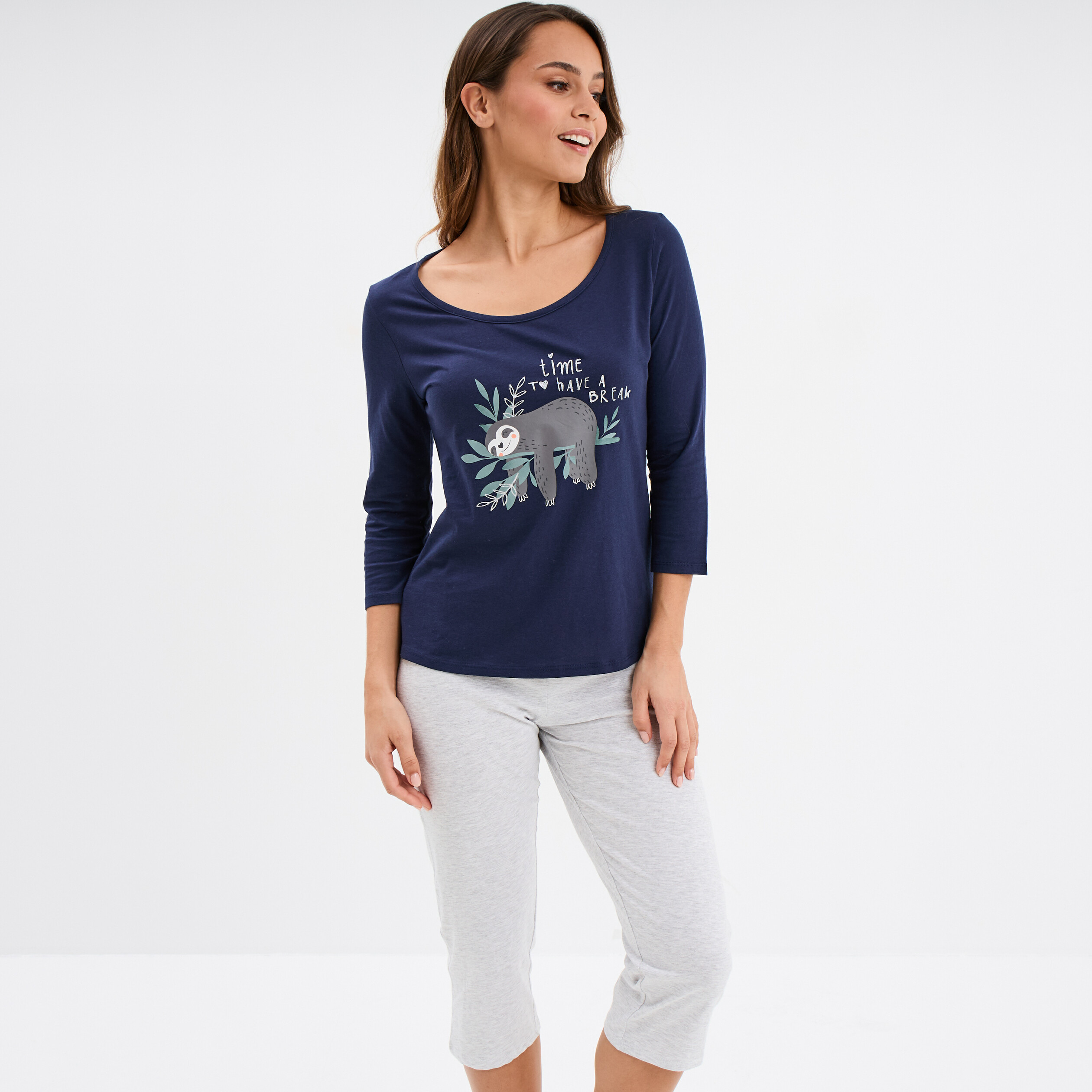 Ensemble pyjama corsaire 2 pièces coton bleu marine femme