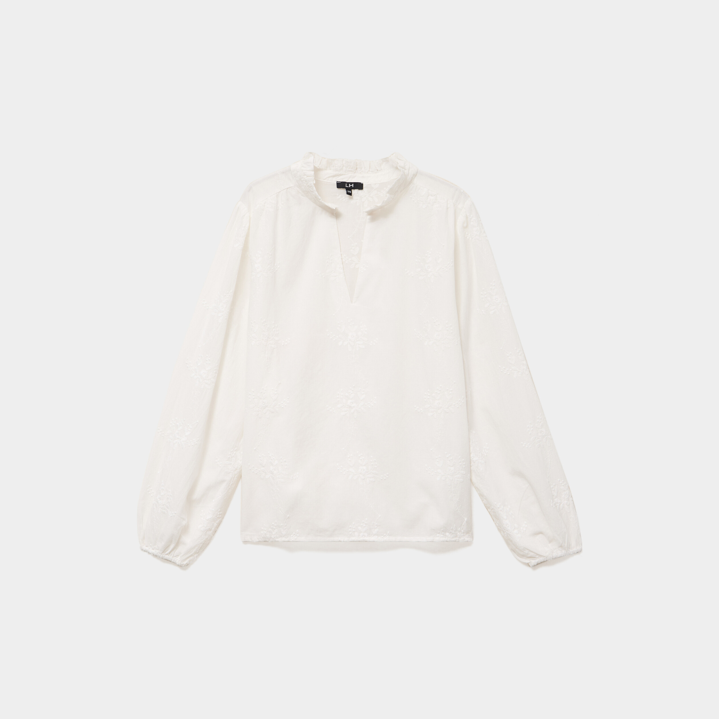 Blouse brod&eacute;e manches longues coton blanc femme