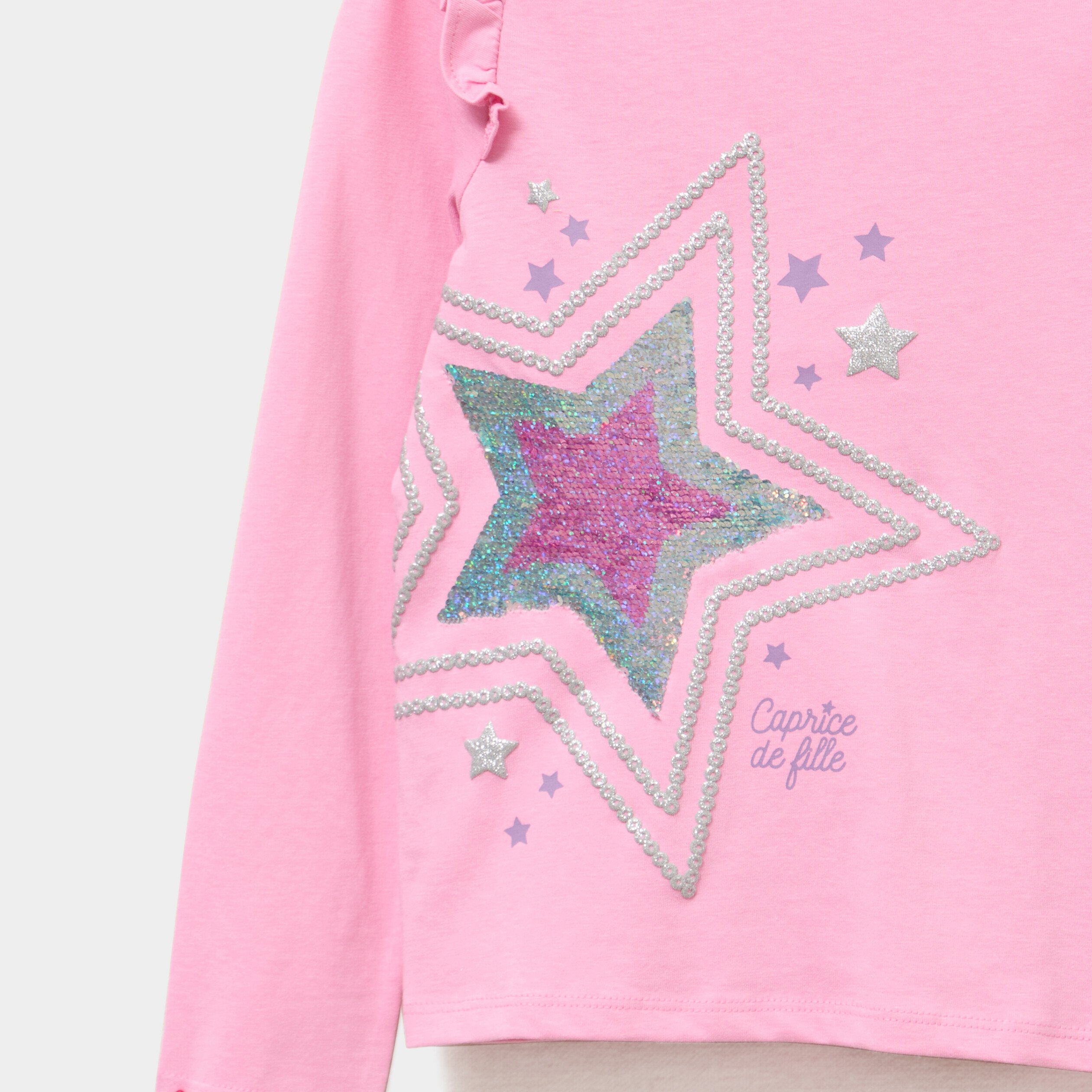 t shirt volants et sequins coton rose fille T-shirt volants et sequins coton rose fille