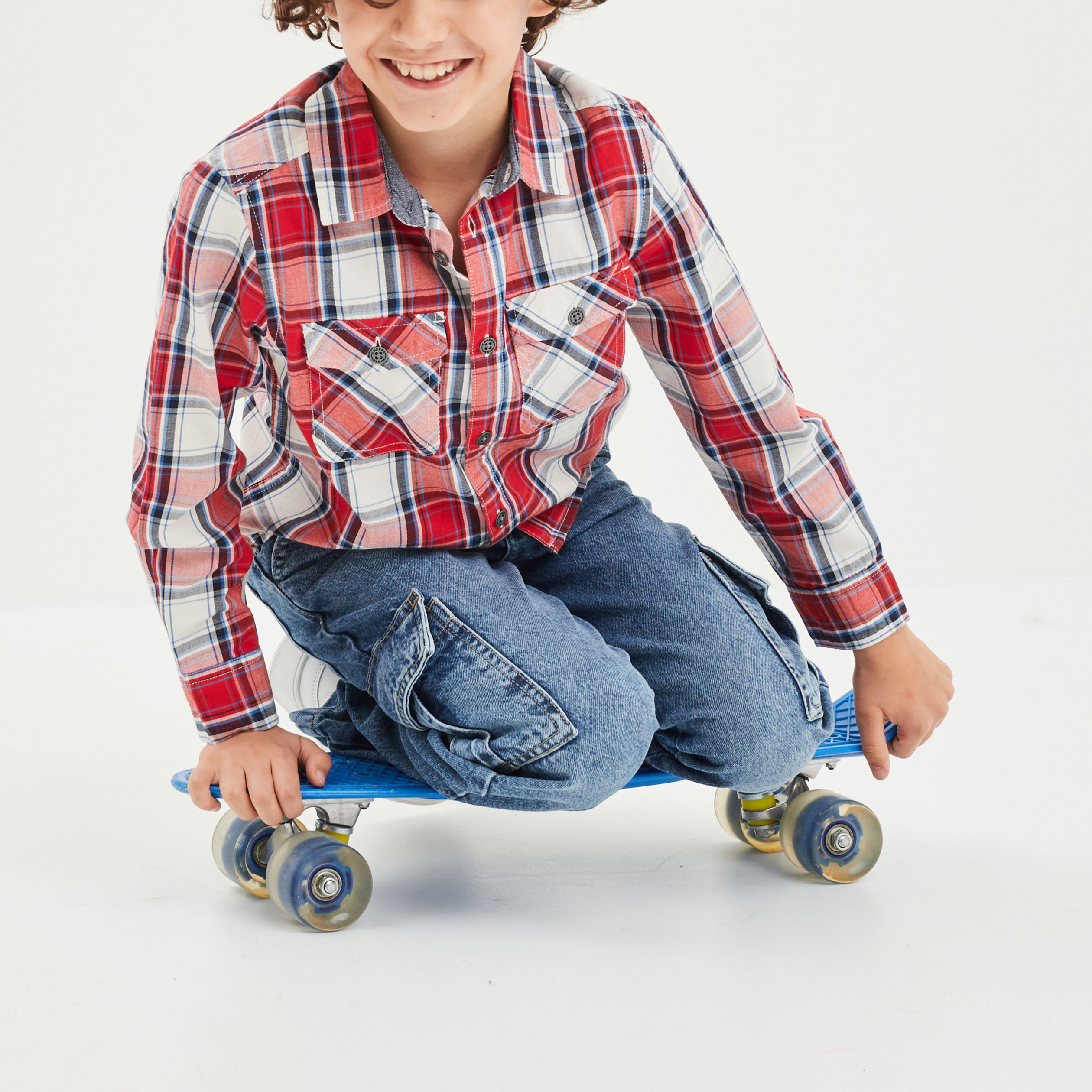 BOSS - Chemise à manches longues en coton à carreaux pour enfant - bleu clair