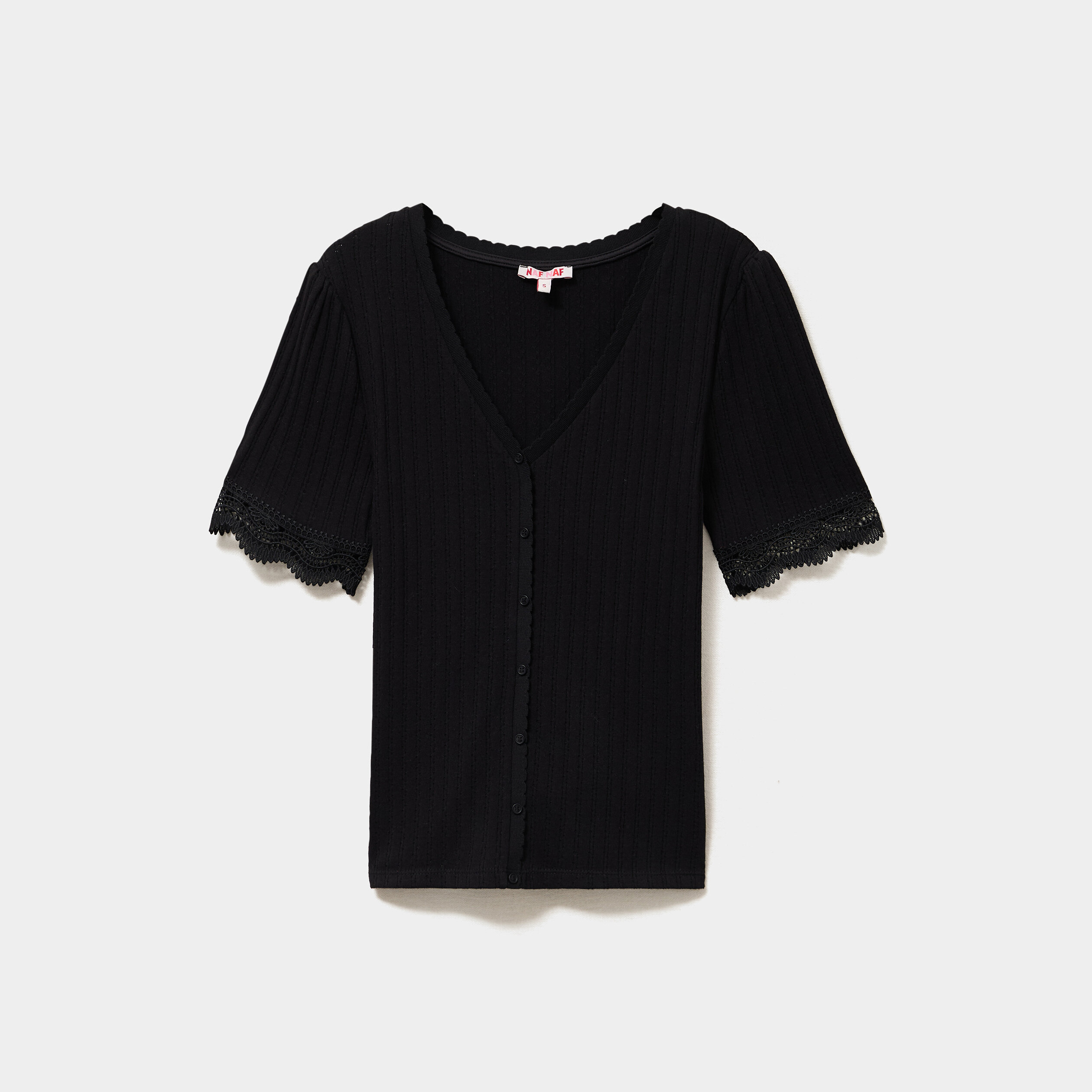 T-shirt c&ocirc;tel&eacute; avec dentelle et boutons noir femme