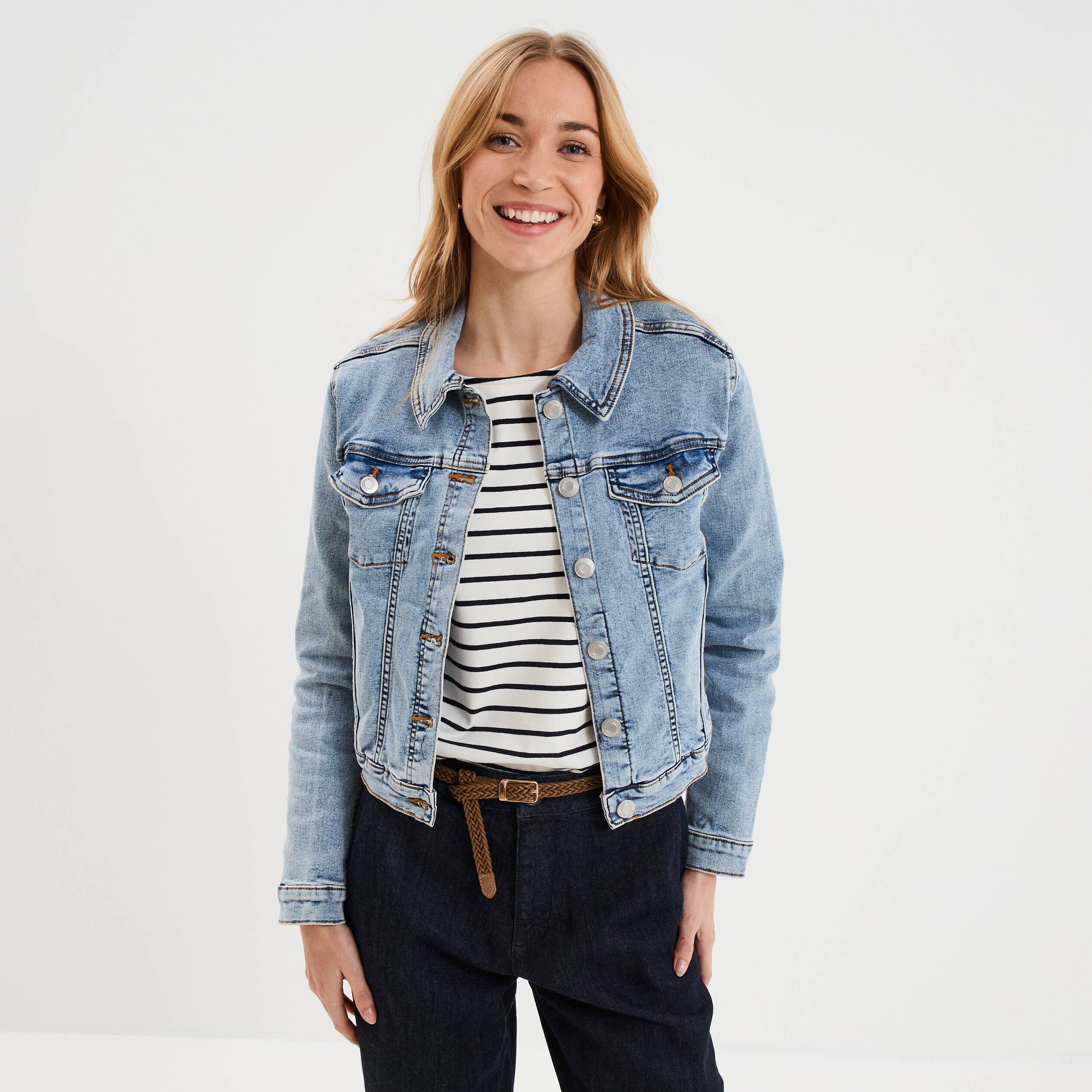 Veste en jean ajust&eacute;e boutonn&eacute;e denim double stone femme