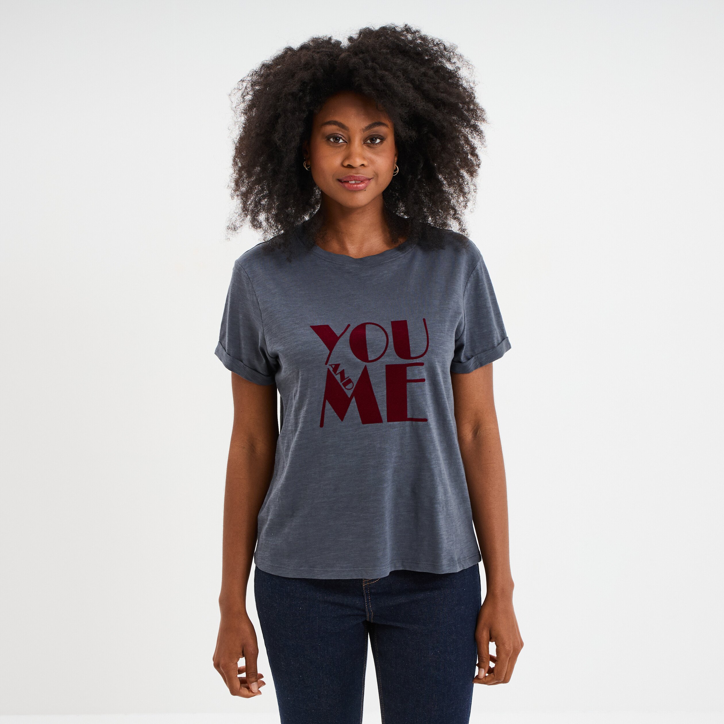 t shirt manches courtes coton bleu gris femme T-shirt manches courtes coton bleu gris femme