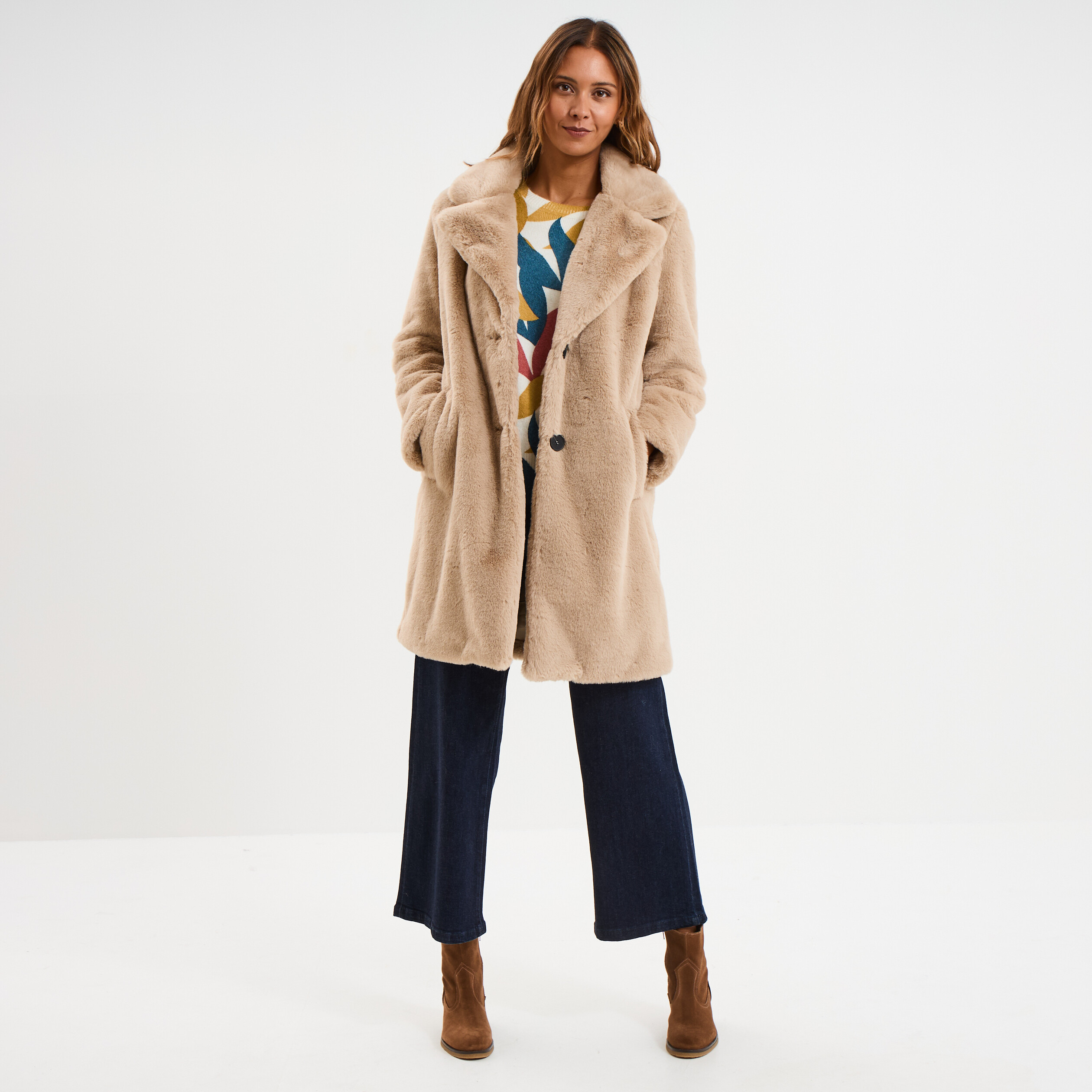 Manteau long fausse fourrure beige femme