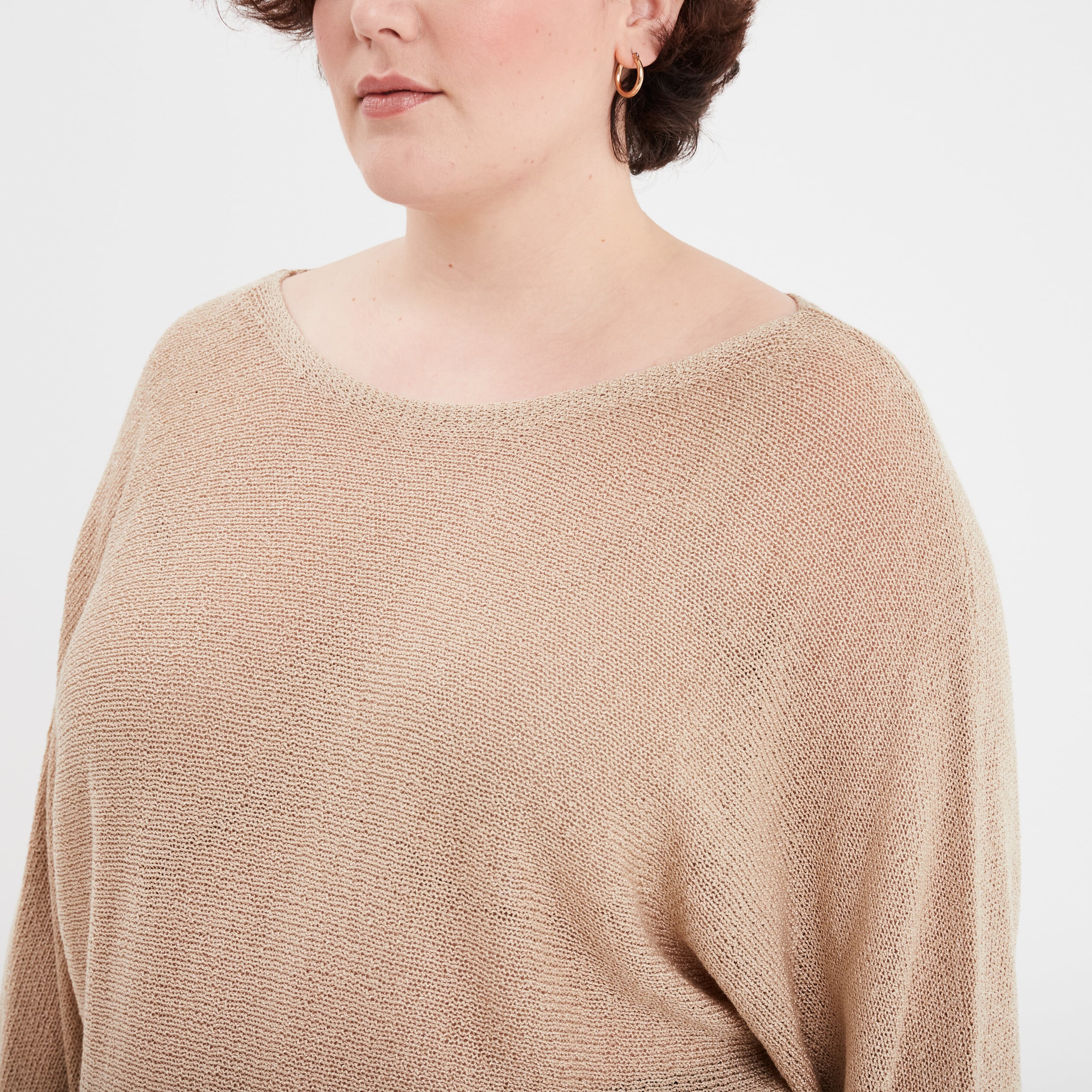 Pull manches longues col rond beige femme grande taille