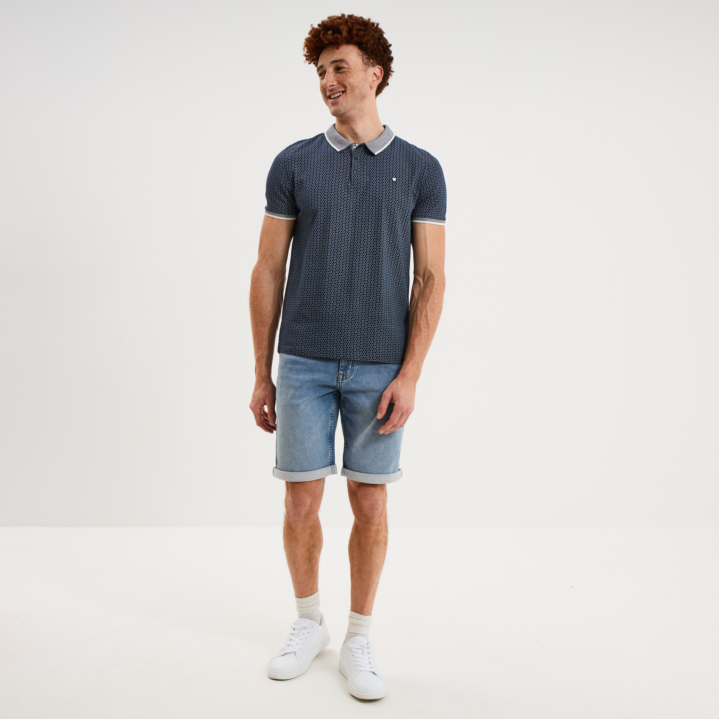 Polo slim manches courtes stretch bleu marine homme