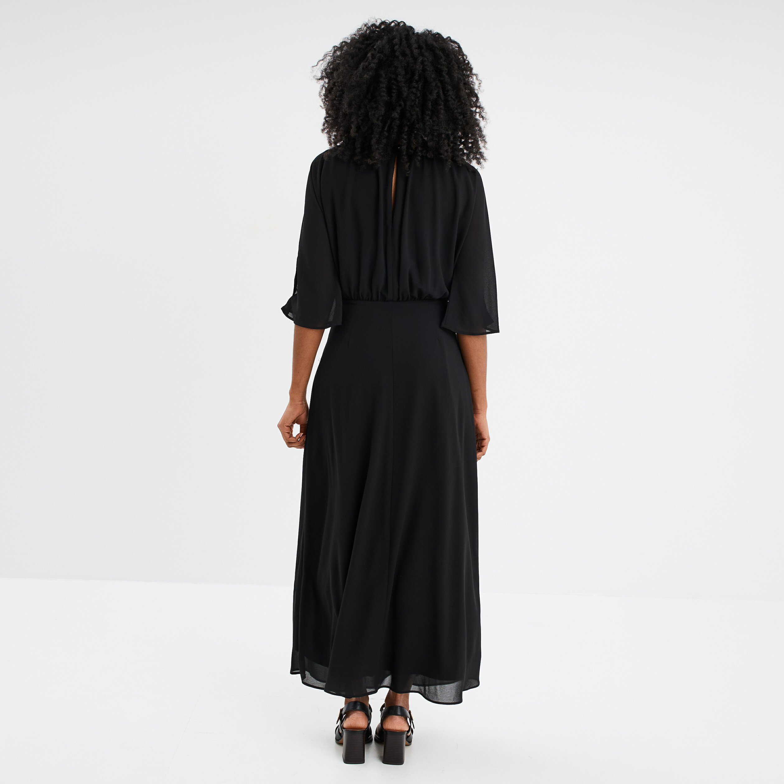 Robe longue manches 3/4 fendues noir femme
