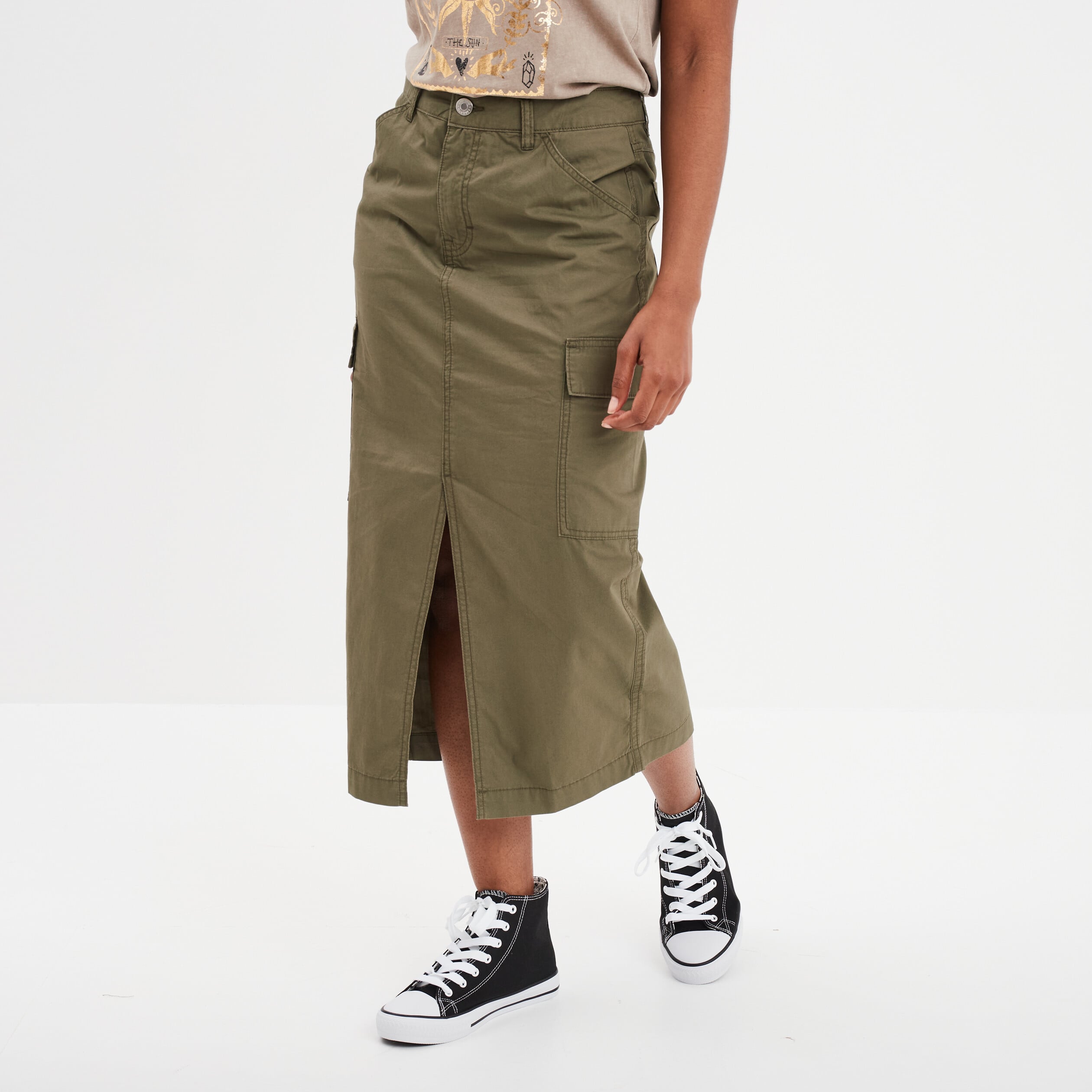 Jupe longue cargo coton vert kaki femme