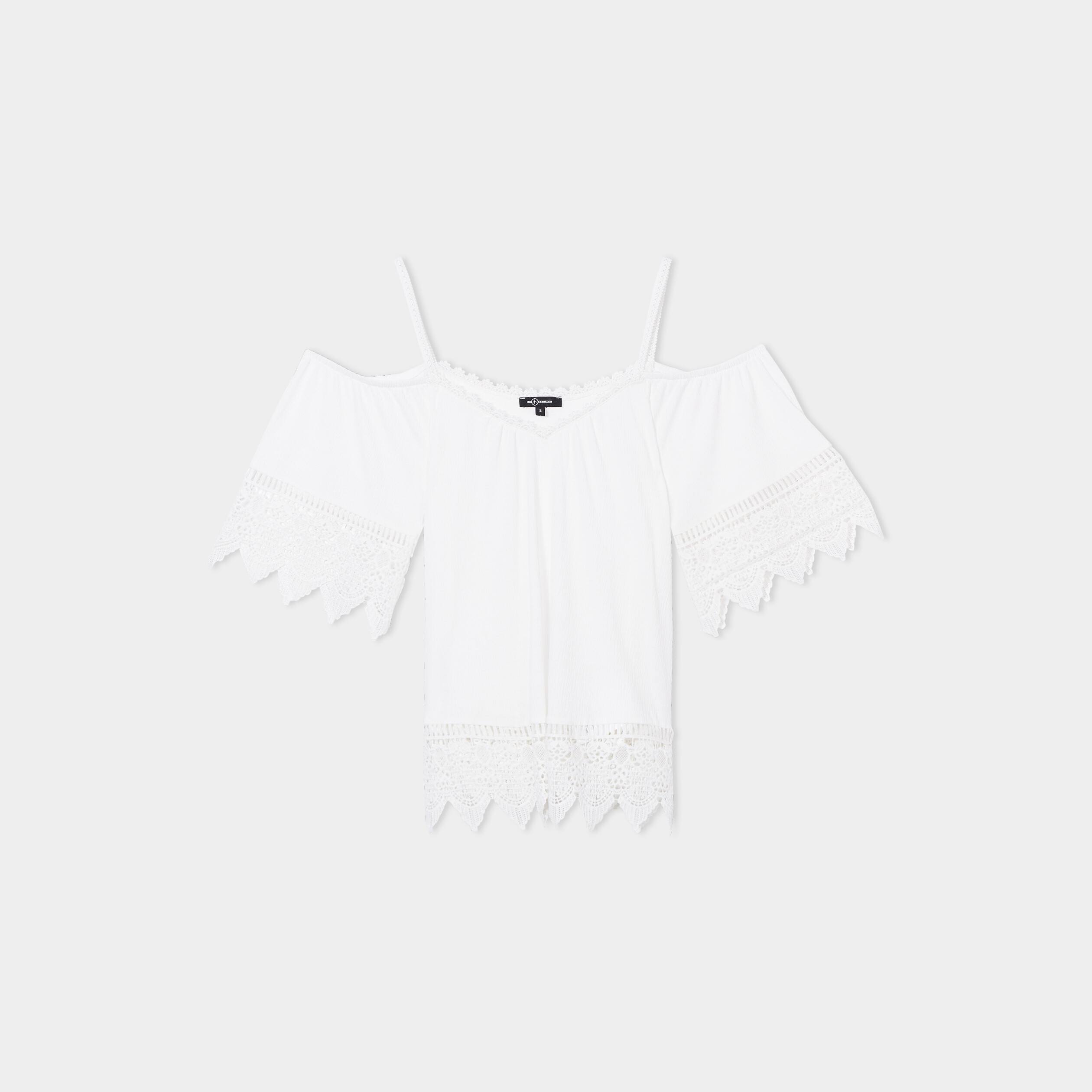 T-shirt col bardot et macram&eacute; Mosquitos blanc femme