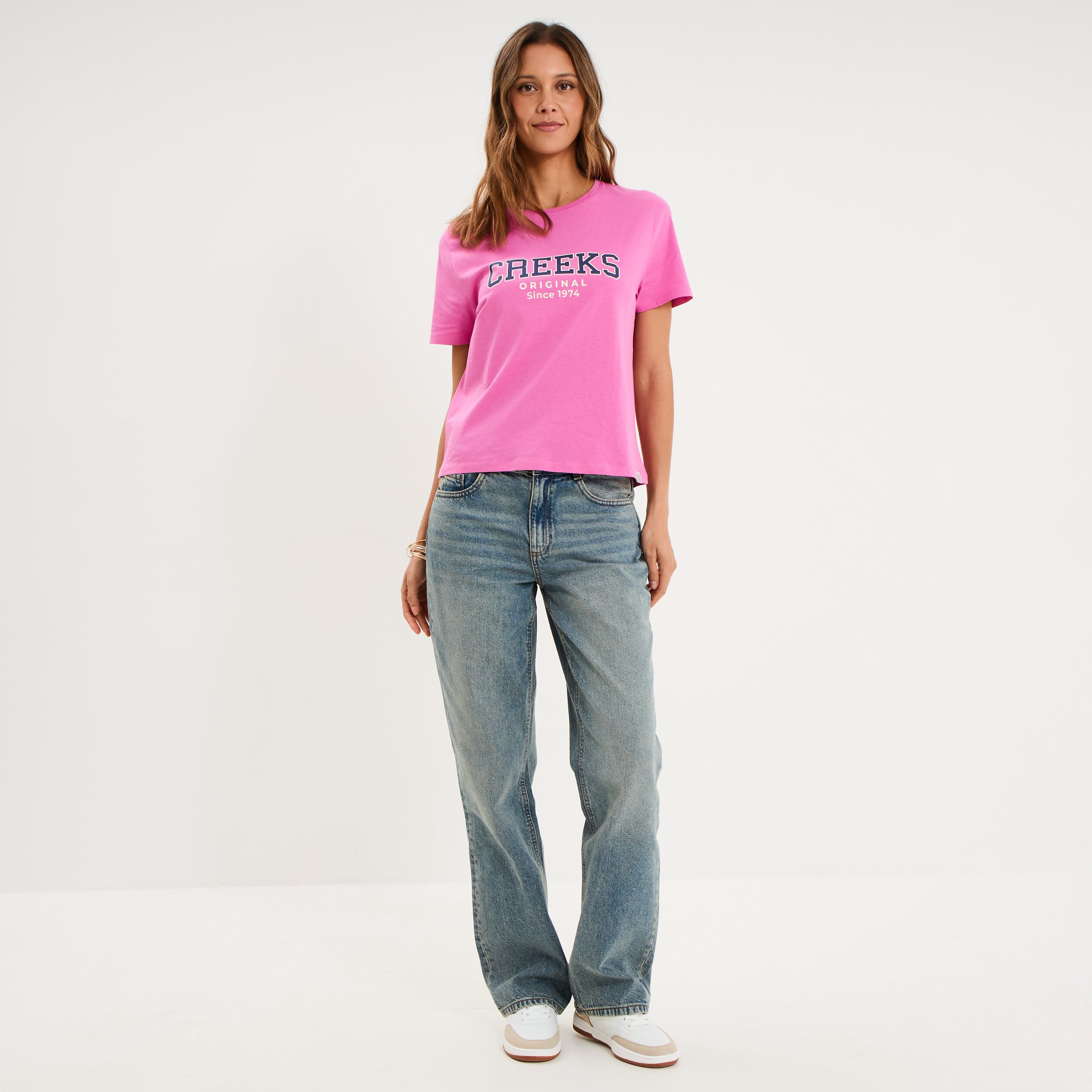 T-shirt col rond manches courtes rose fushia femme