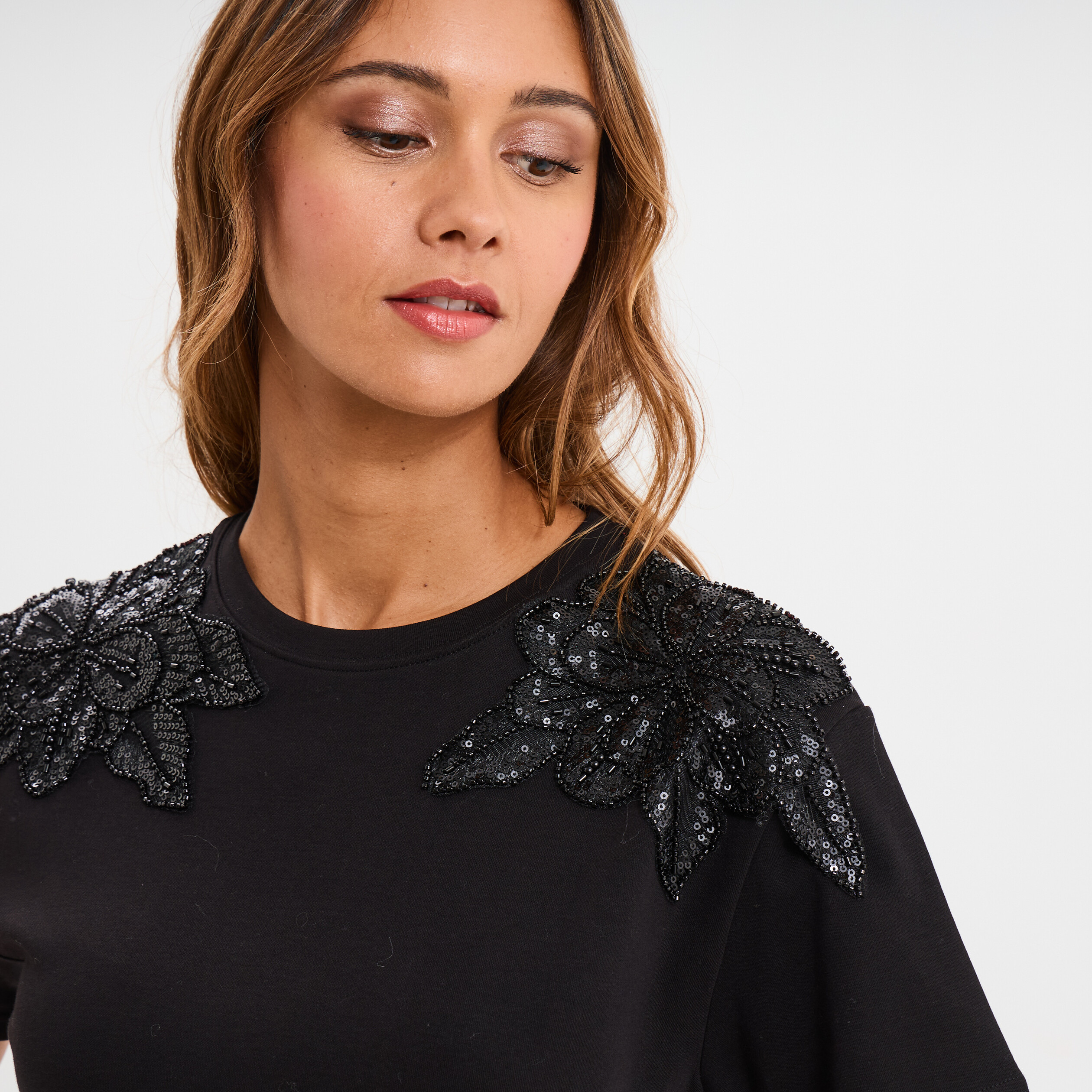 T-shirt Noir Cop Copine - Lanières Et Perles - Taille L - Occasion Très Bon état