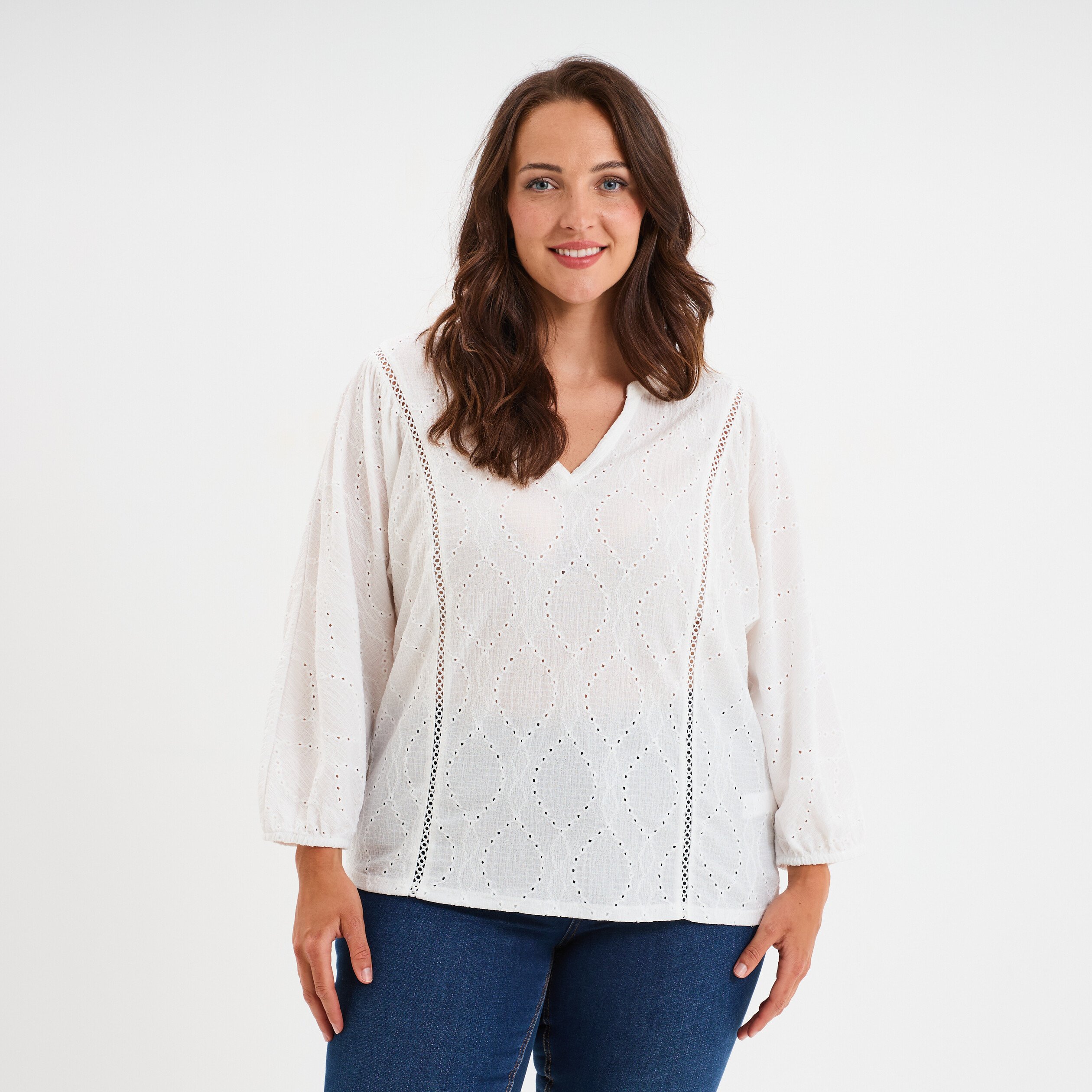 blouse broderie anglaise manches 34 blanc femmegt Blouse broderie anglaise manches 3/4 blanc femme grande taille