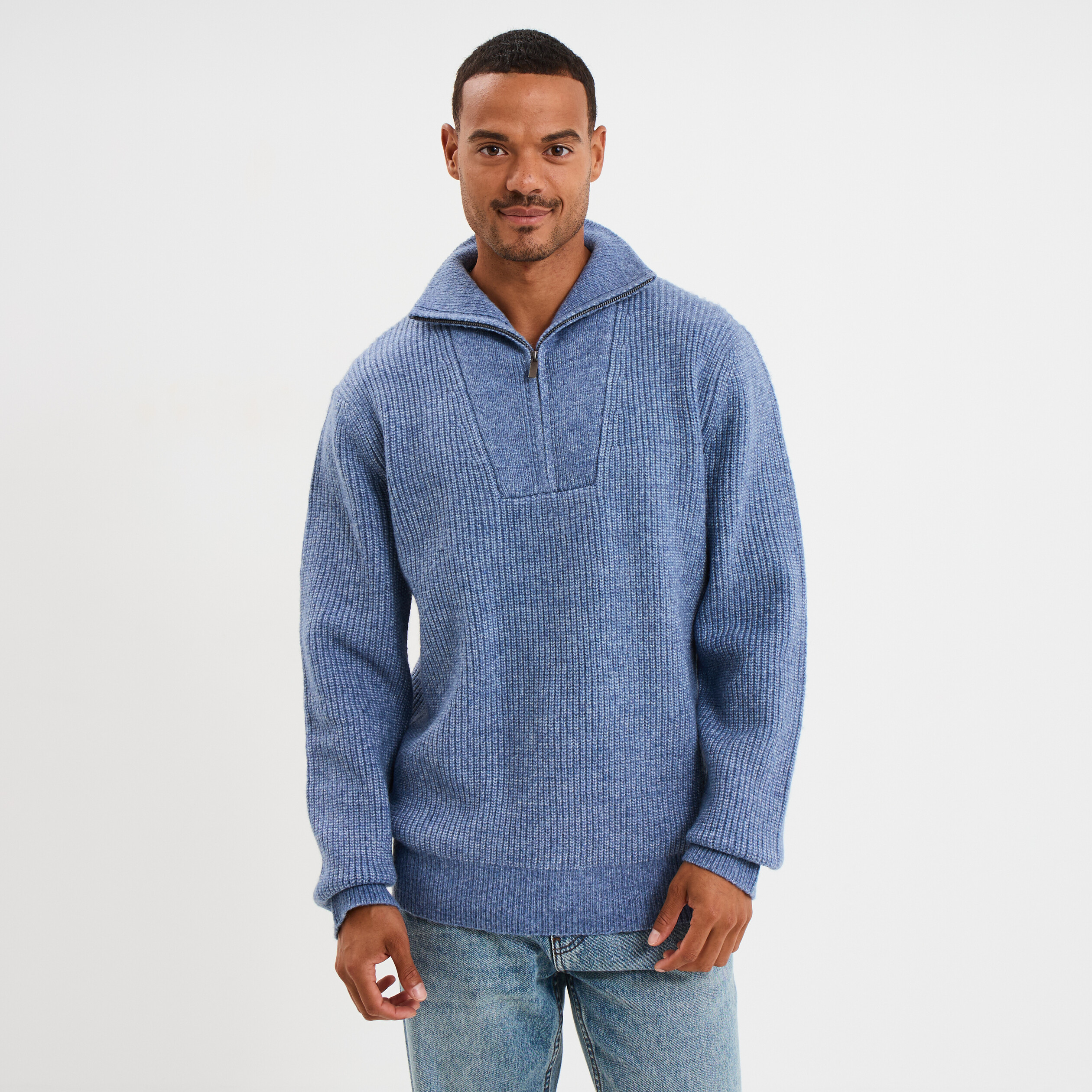 pull avec col camionneur cotele bleu fonce homme Pull avec col camionneur côtelé bleu foncé homme