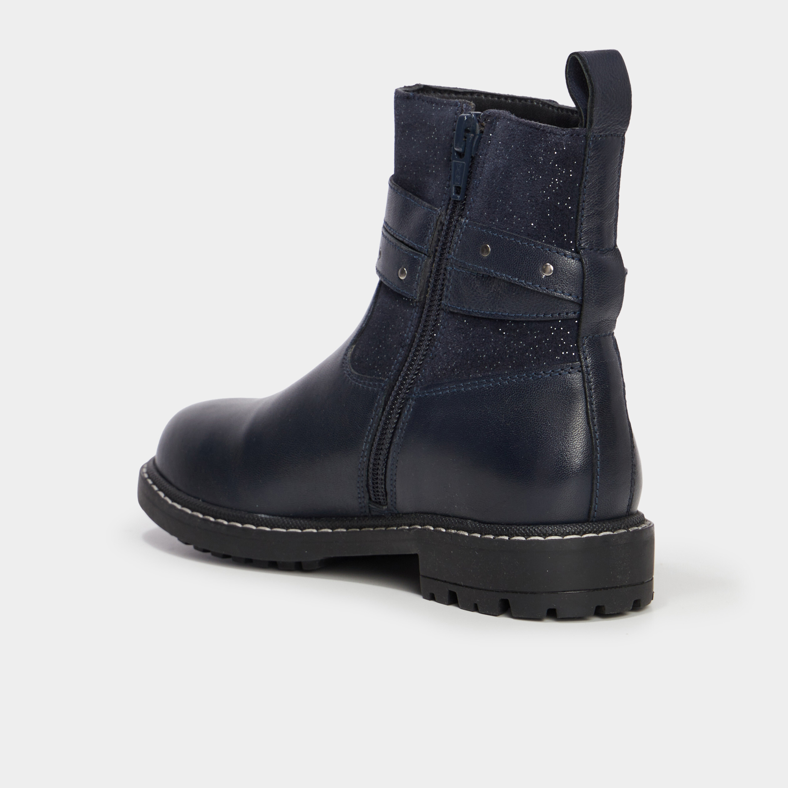 Bottines brides a clous en cuir bleu marine fille La Halle