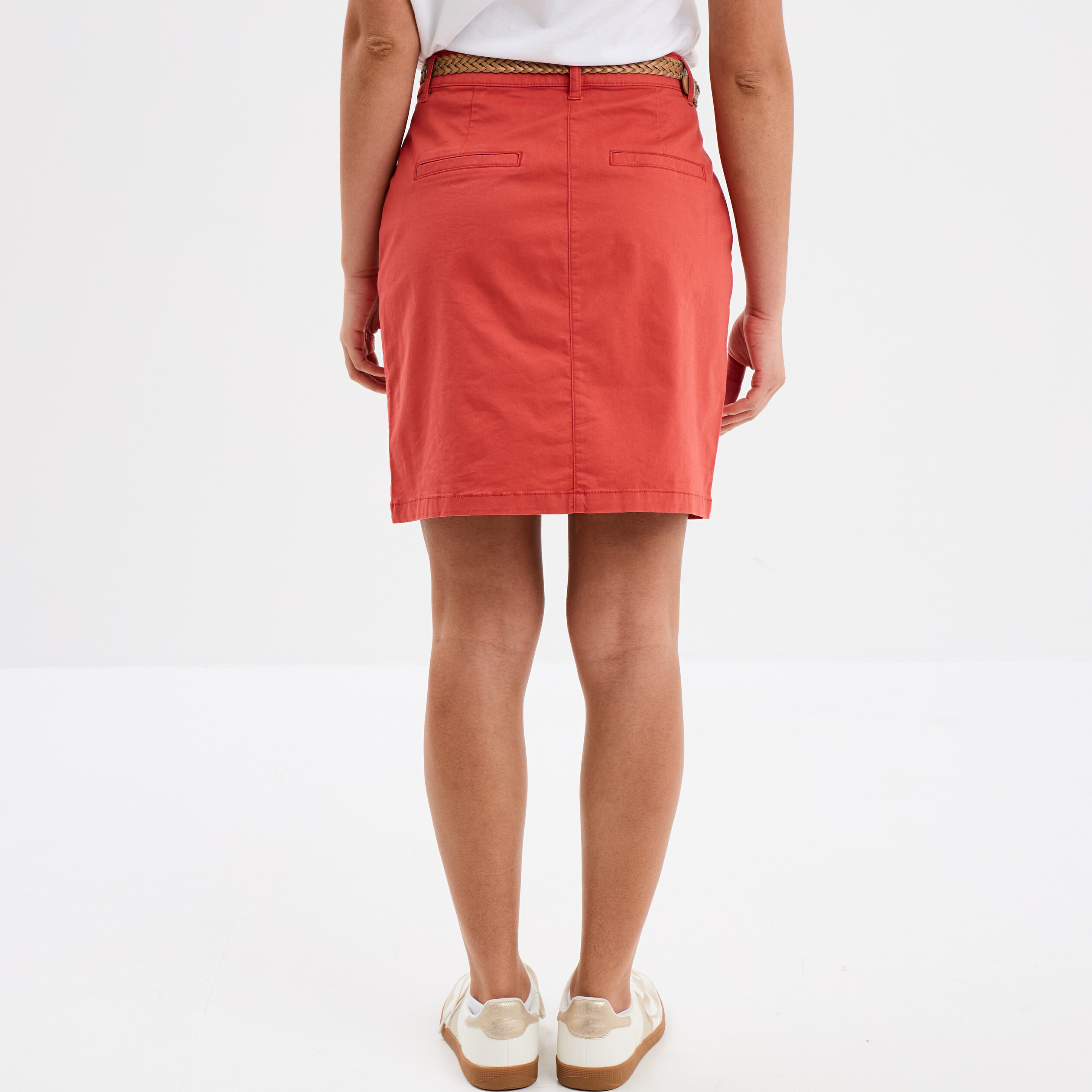 jupe chino droite ceinture tressee rouge corail femme Jupe chino droite ceinture tressée rouge corail femme
